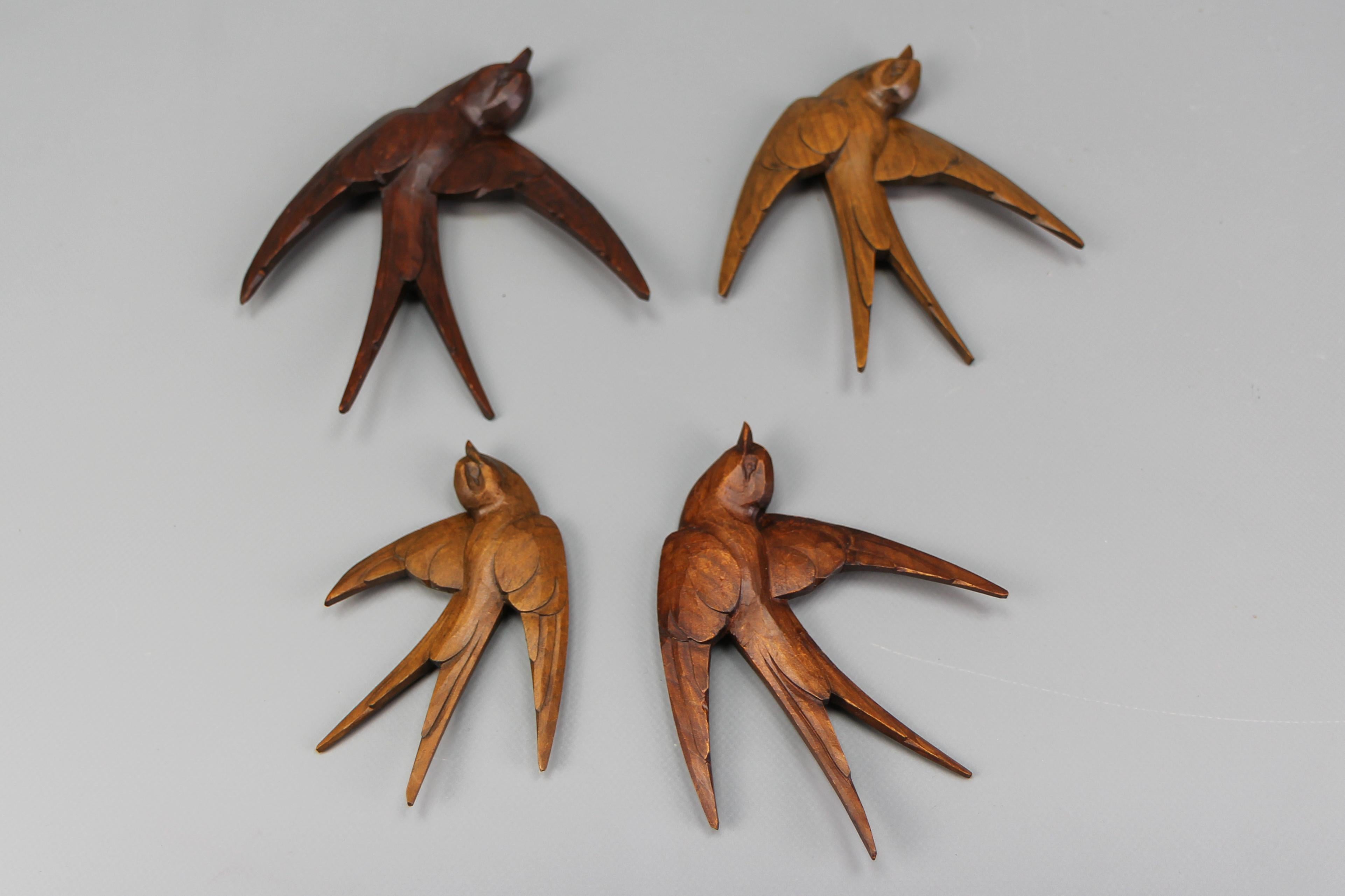 Carved Wooden Flying Bird Wall-Mounted Figures, Set of Four 4