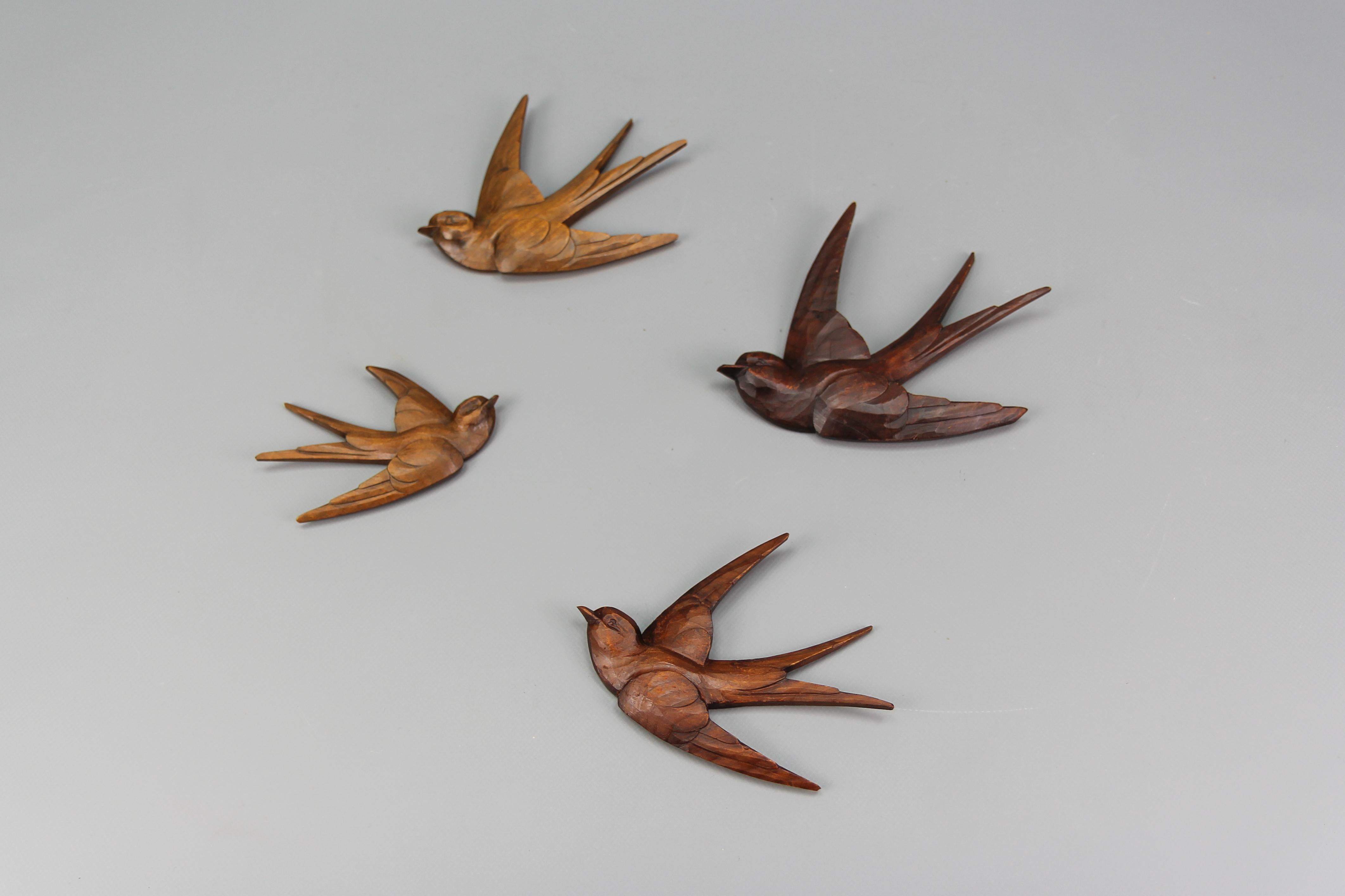 Black Forest Carved Wooden Flying Bird Wall-Mounted Figures, Set of Four