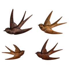 Carved Wooden Flying Bird Wall-Mounted Figures, Set of Four