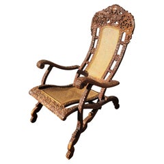 Carved Wooden Folding Armchair, India 19th Century