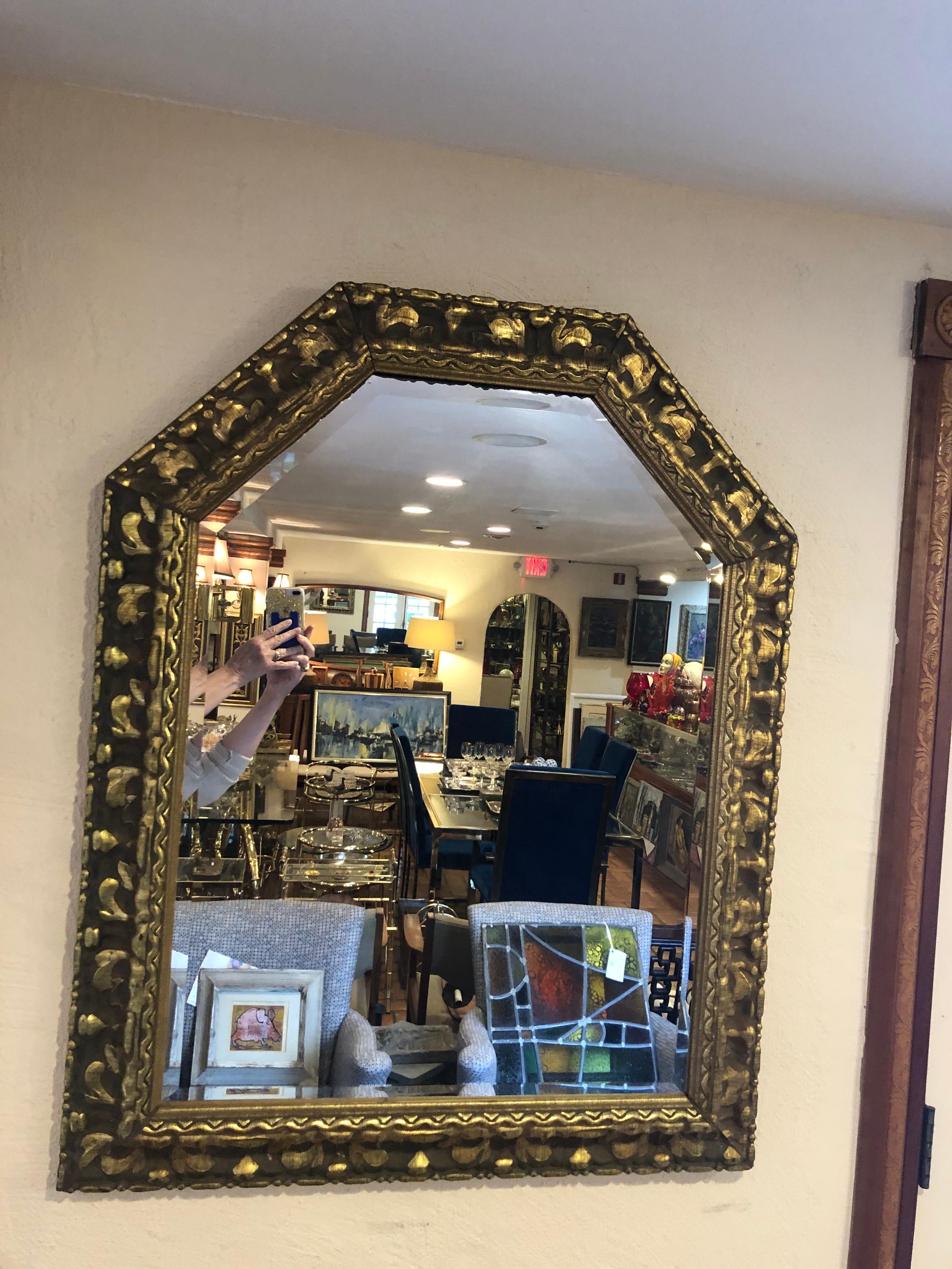 Hollywood Regency Carved Wooden Gold Leaf Mirror For Sale