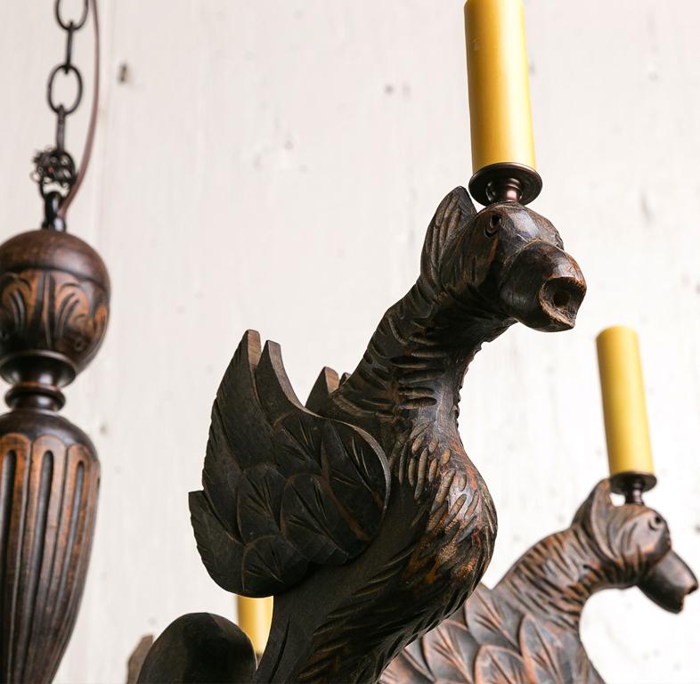 Gothic Revival Carved wooden Gothic chandelier with Gargoyles For Sale