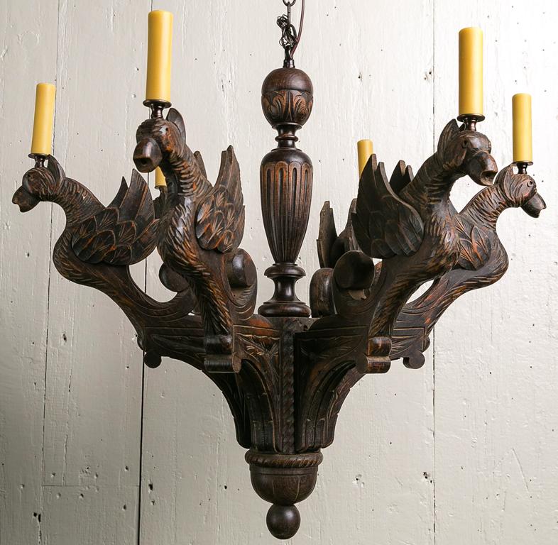 French Carved wooden Gothic chandelier with Gargoyles For Sale