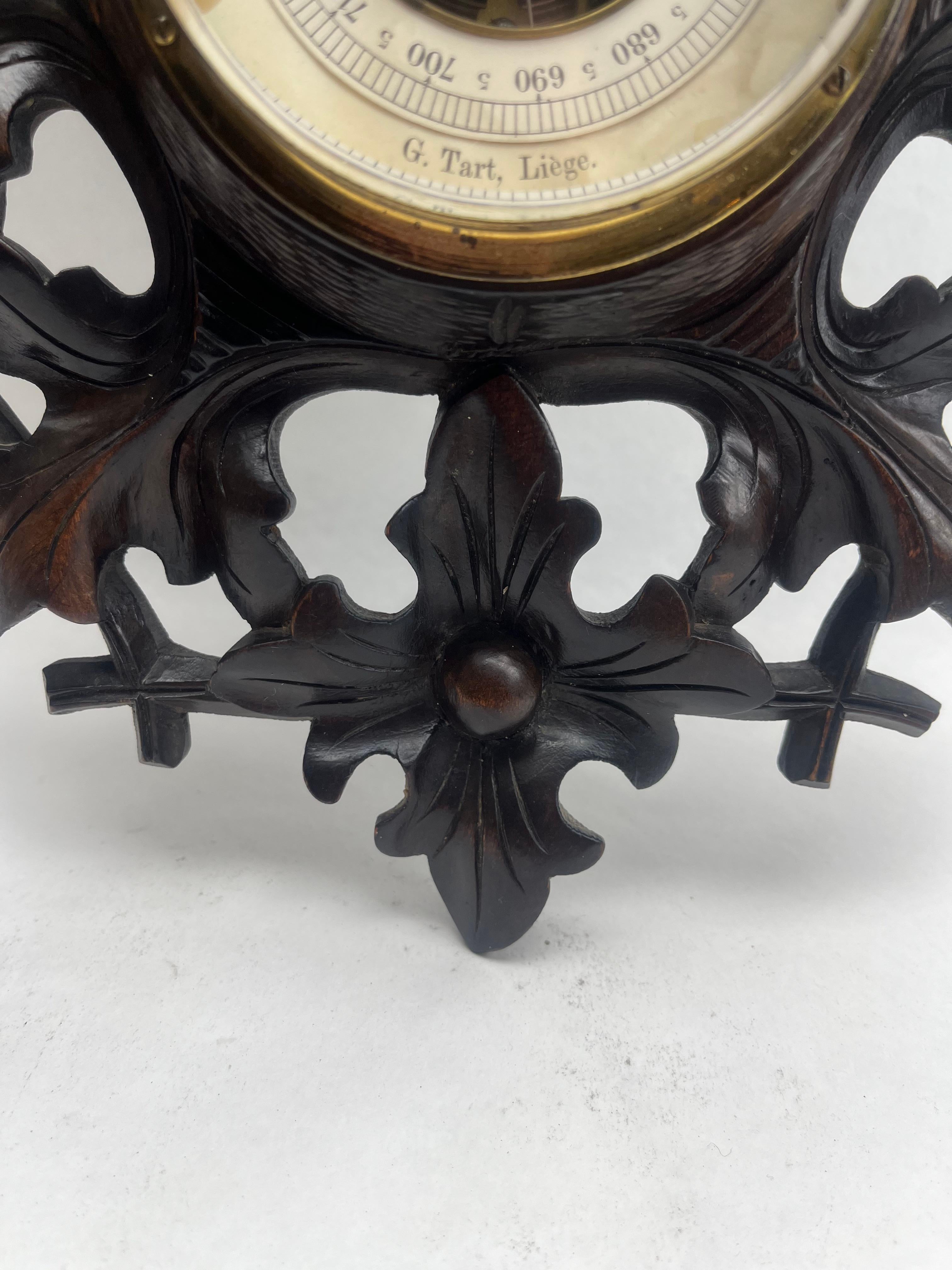 Belgian Carved Wooden G.Tart Liege Antique Belgium Barometer with Thermometer, 1910s For Sale