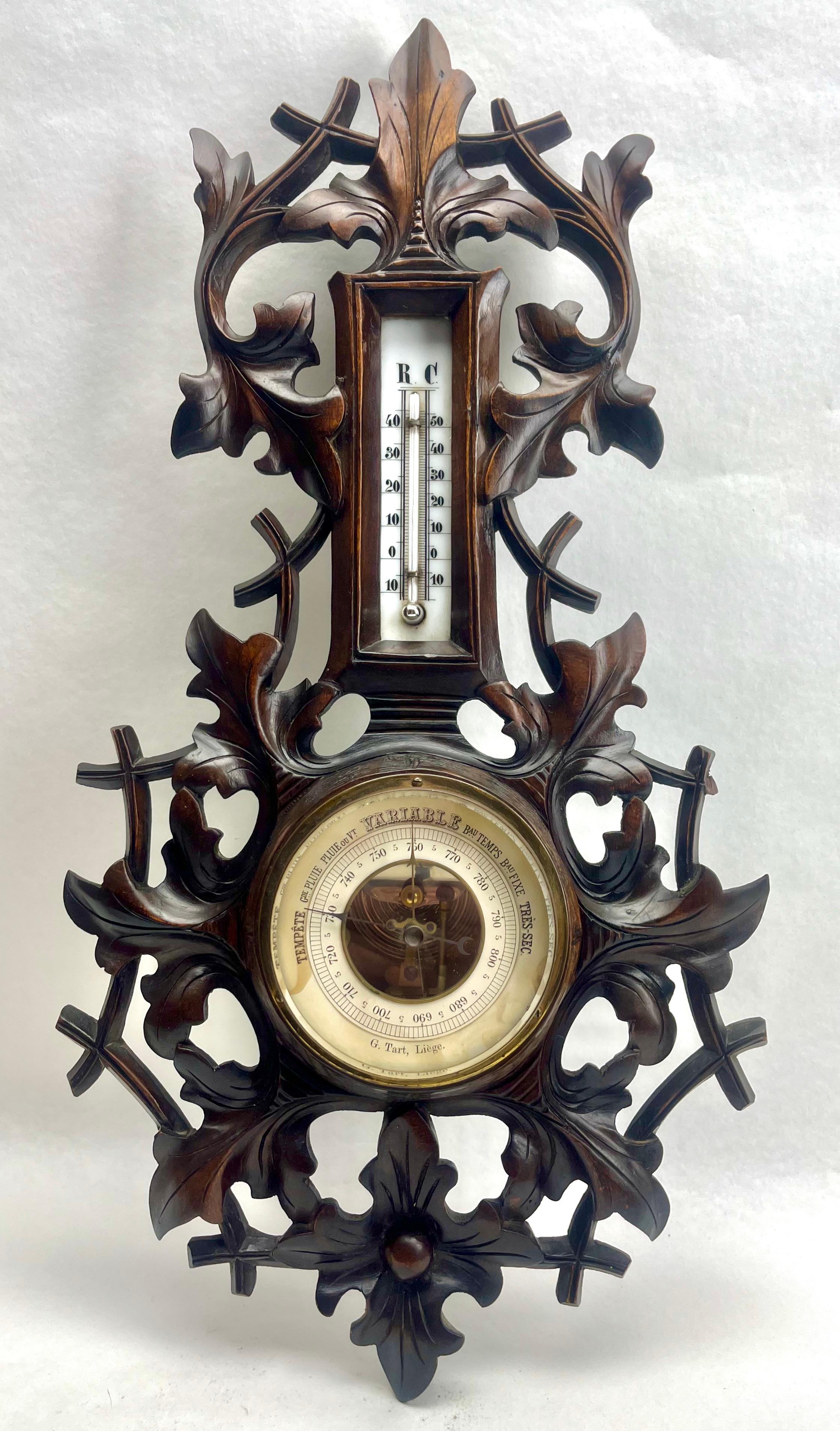 Antikes belgisches geschnitztes Holzbarometer G.Tart Liege mit Thermometer aus Holz, 1910er Jahre (Handgeschnitzt) im Angebot