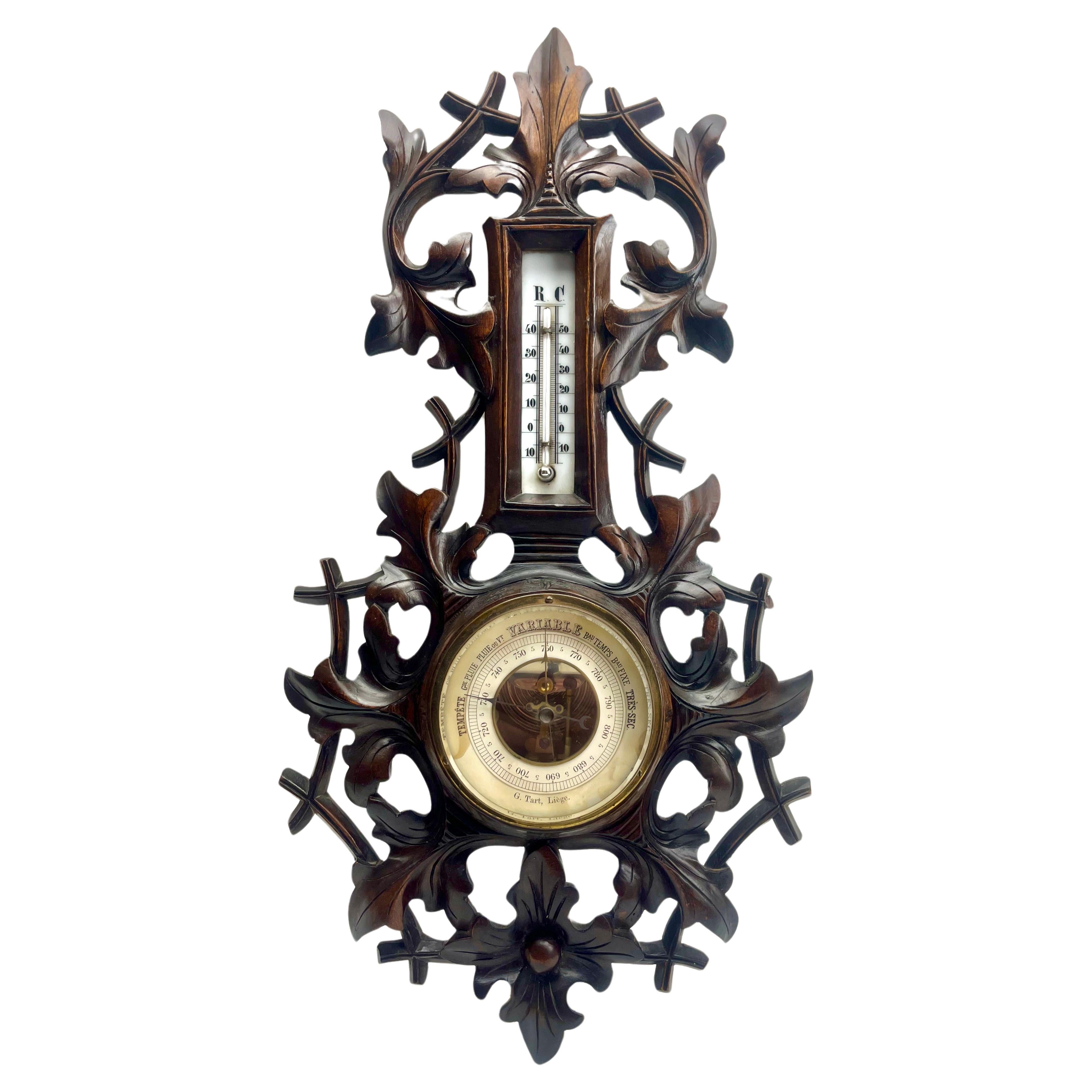 Antikes belgisches geschnitztes Holzbarometer G.Tart Liege mit Thermometer aus Holz, 1910er Jahre im Angebot