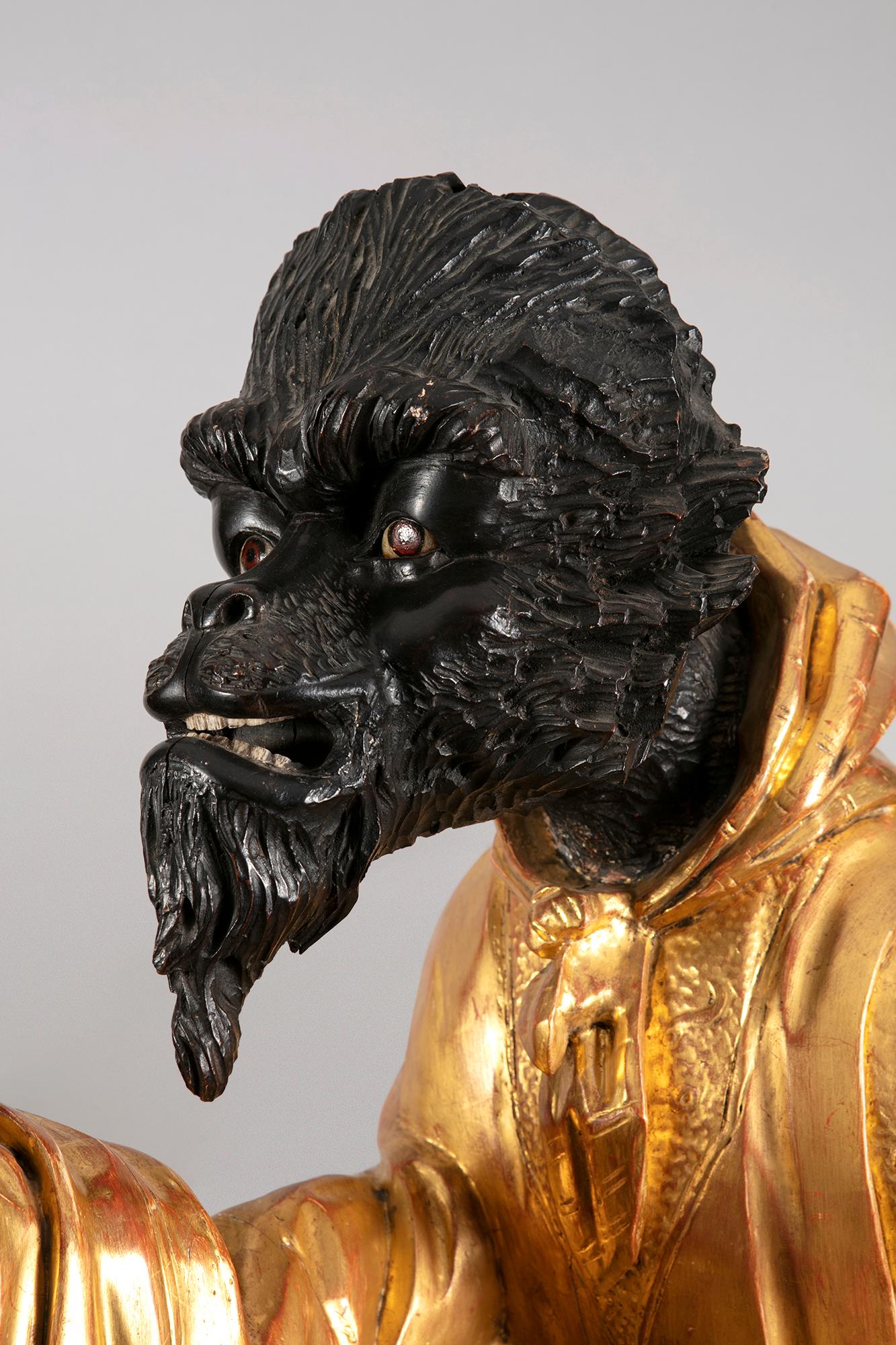 Italian Carved Wooden Painted and Gilt Statue of a Seated Monkey