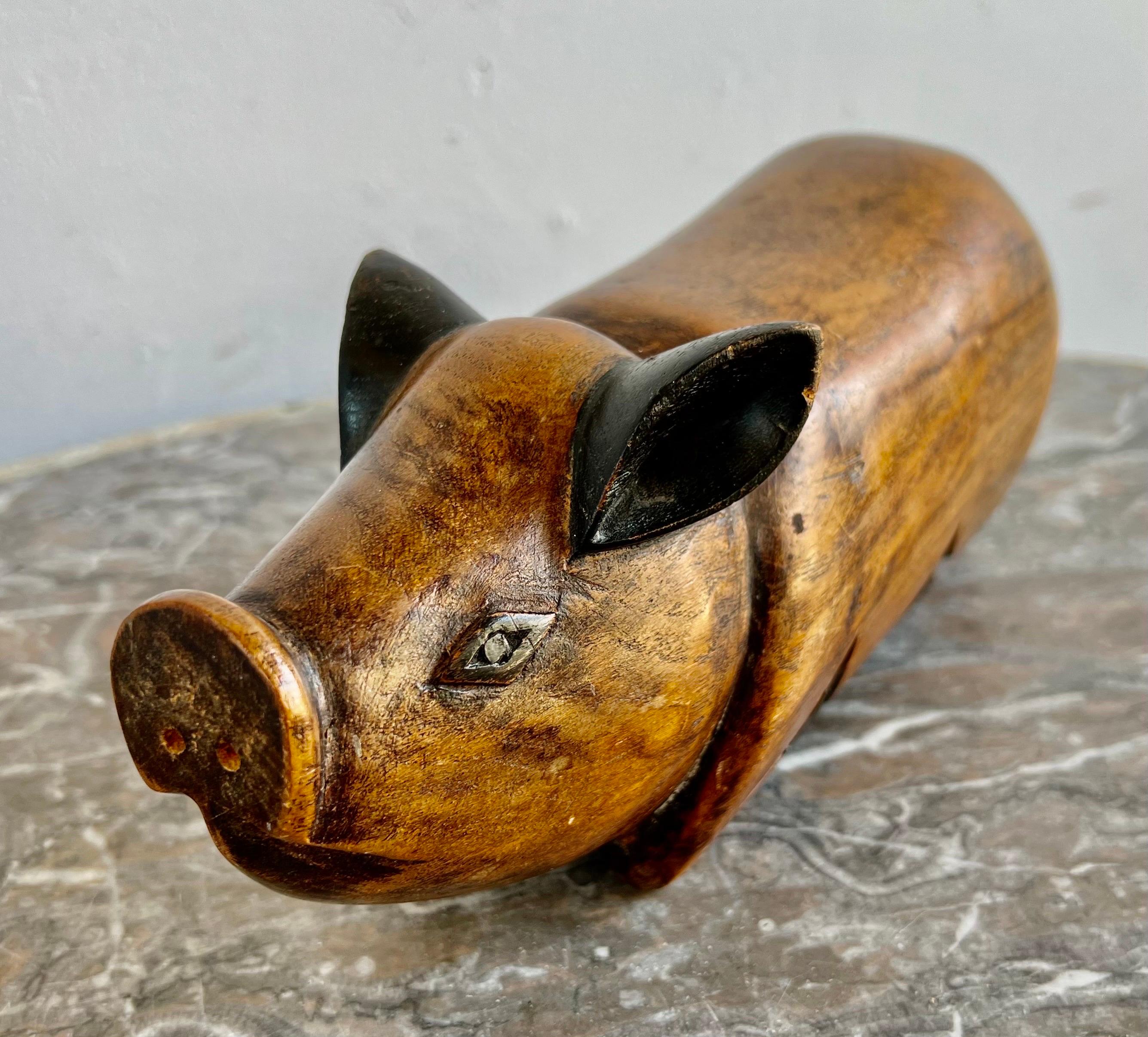 Folk Art Carved Wooden Pig w/ Secret Space