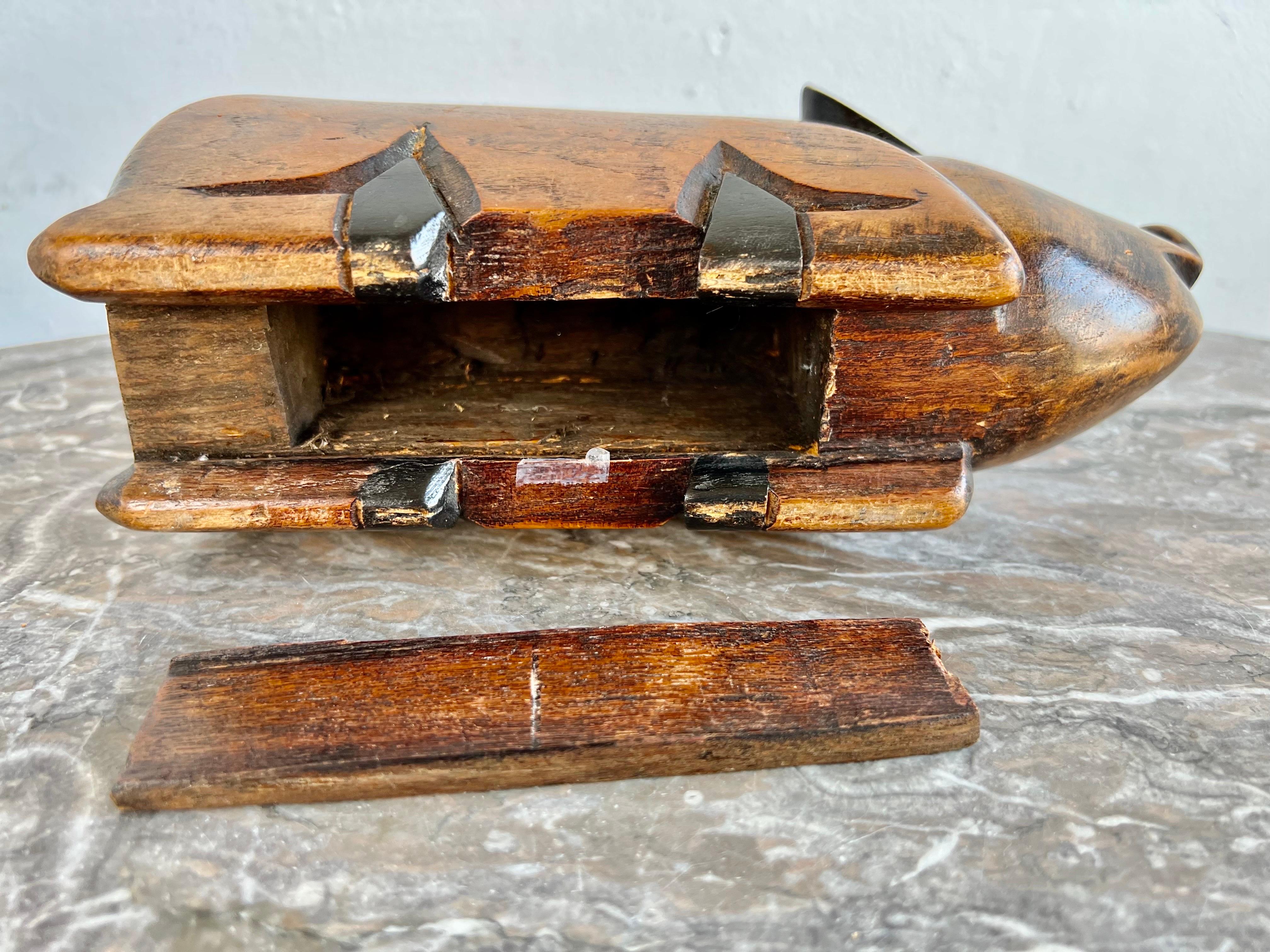 Carved Wooden Pig w/ Secret Space In Distressed Condition In Los Angeles, CA