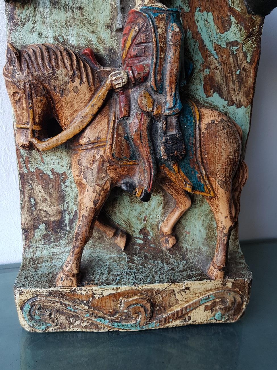 French Carved Wooden Plaque of a Soldier on a Horse