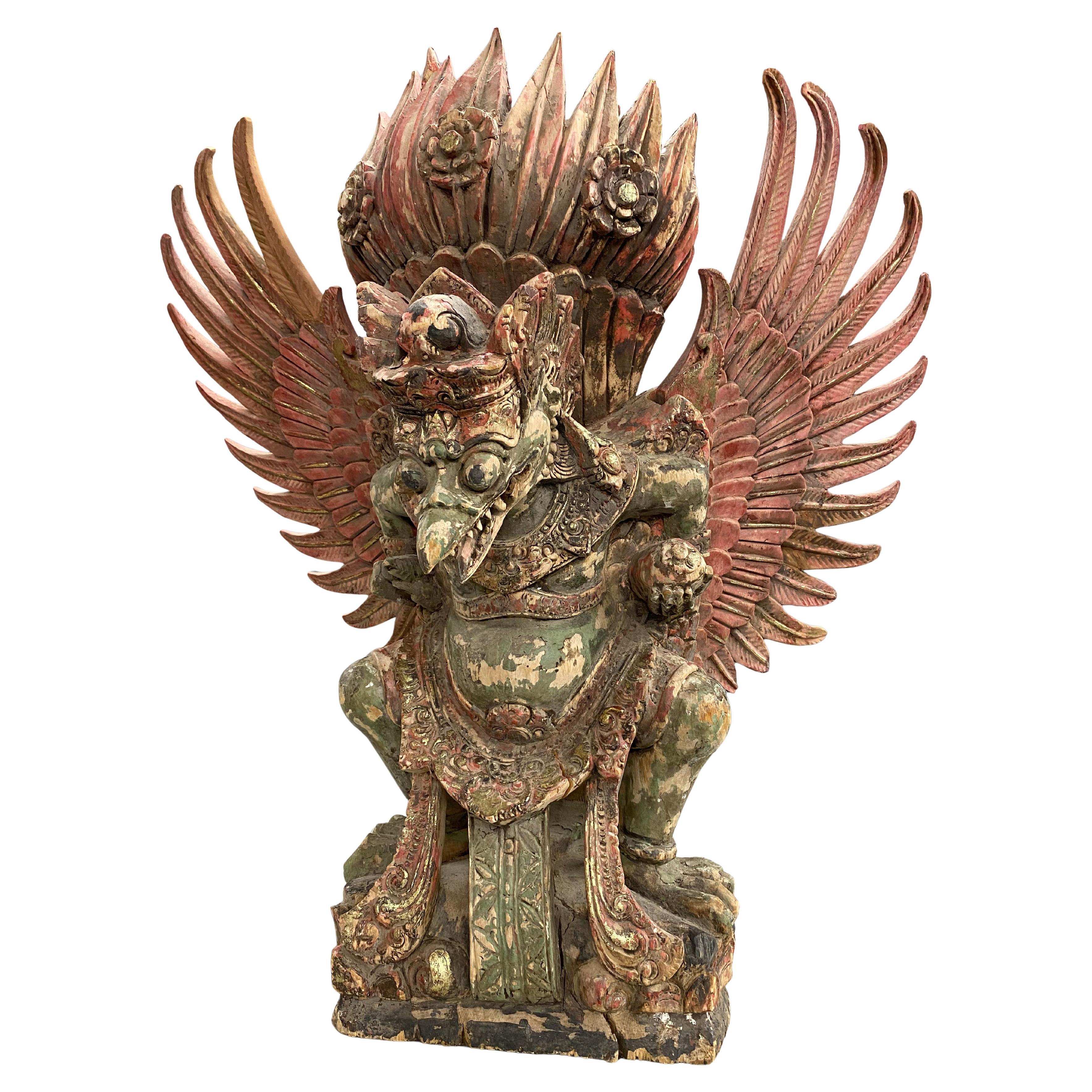 Carved Wooden Polychrome Balinese Garuda Sculpture