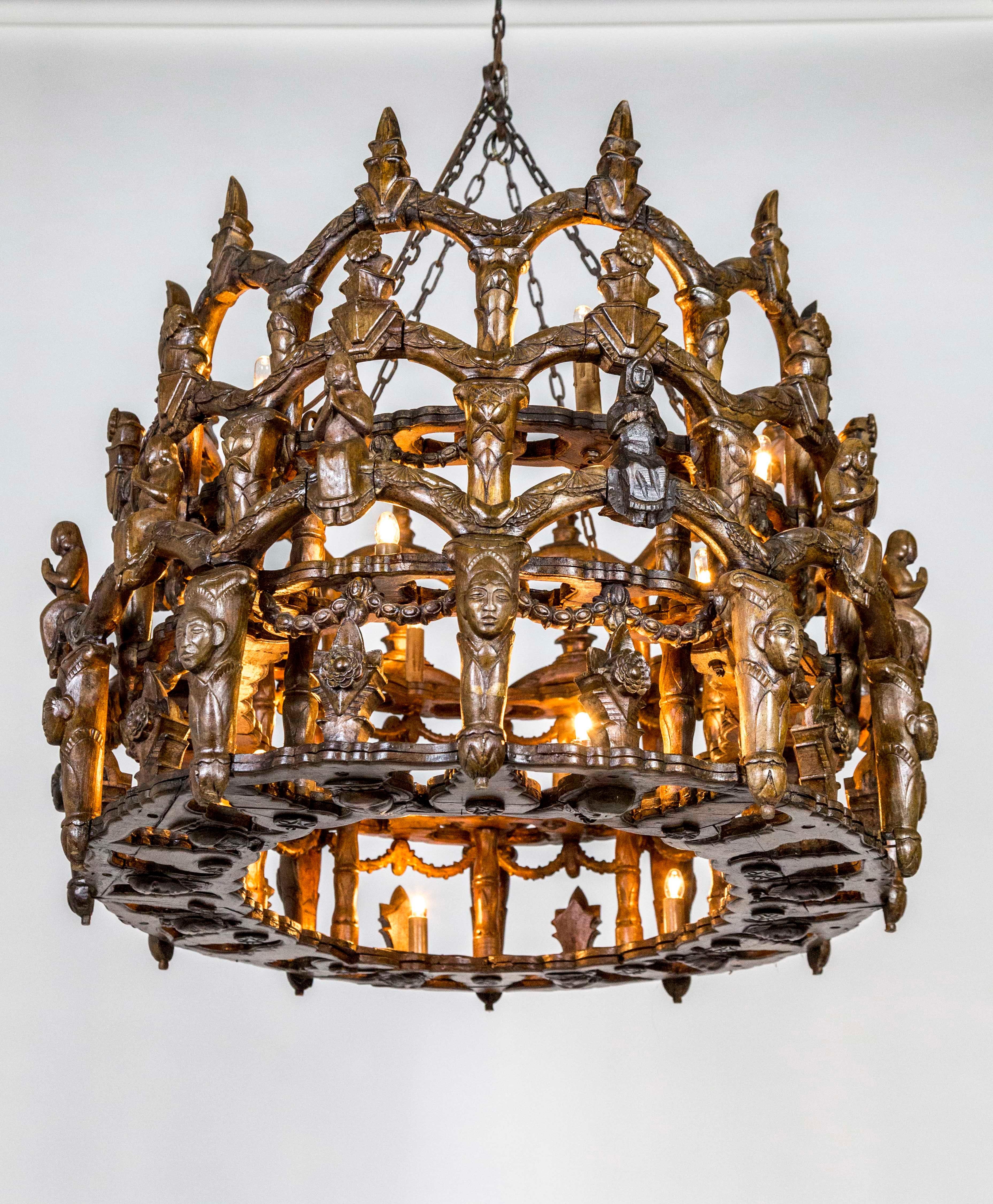 Carved Wooden S. American Folk Chandelier with Figures and Arches 4