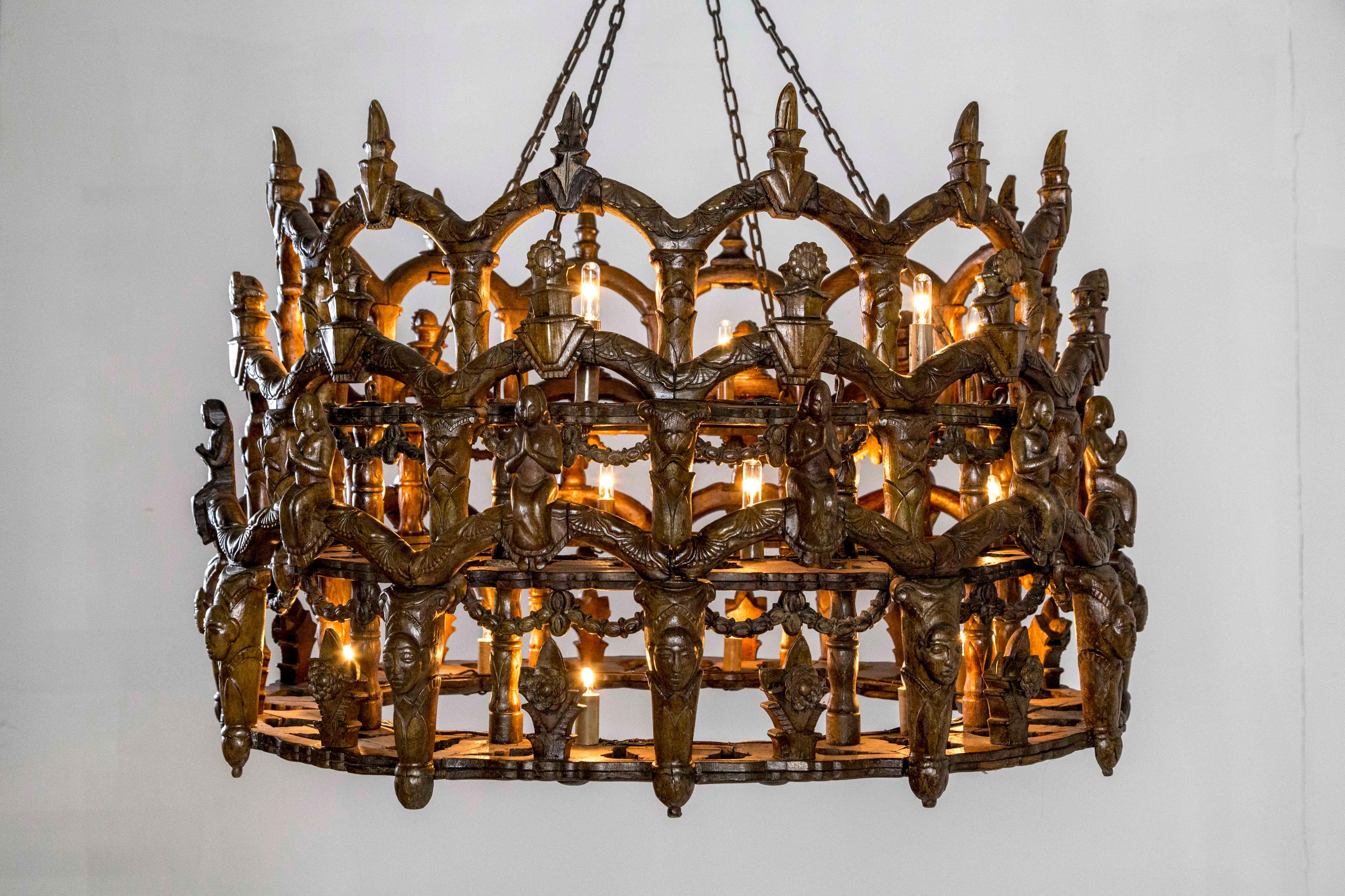 Spanish Colonial Carved Wooden S. American Folk Chandelier with Figures and Arches