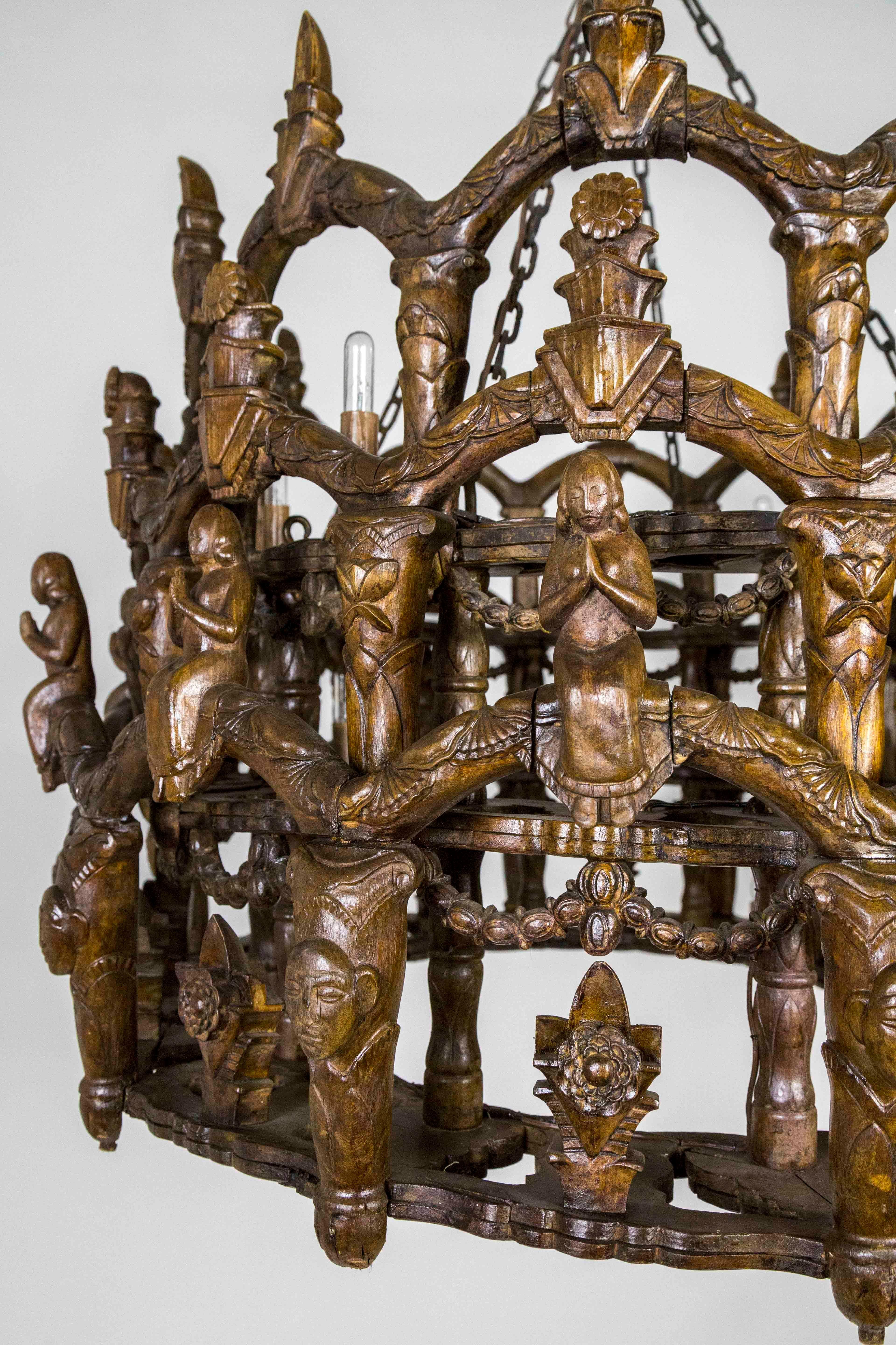 Hand-Carved Carved Wooden S. American Folk Chandelier with Figures and Arches
