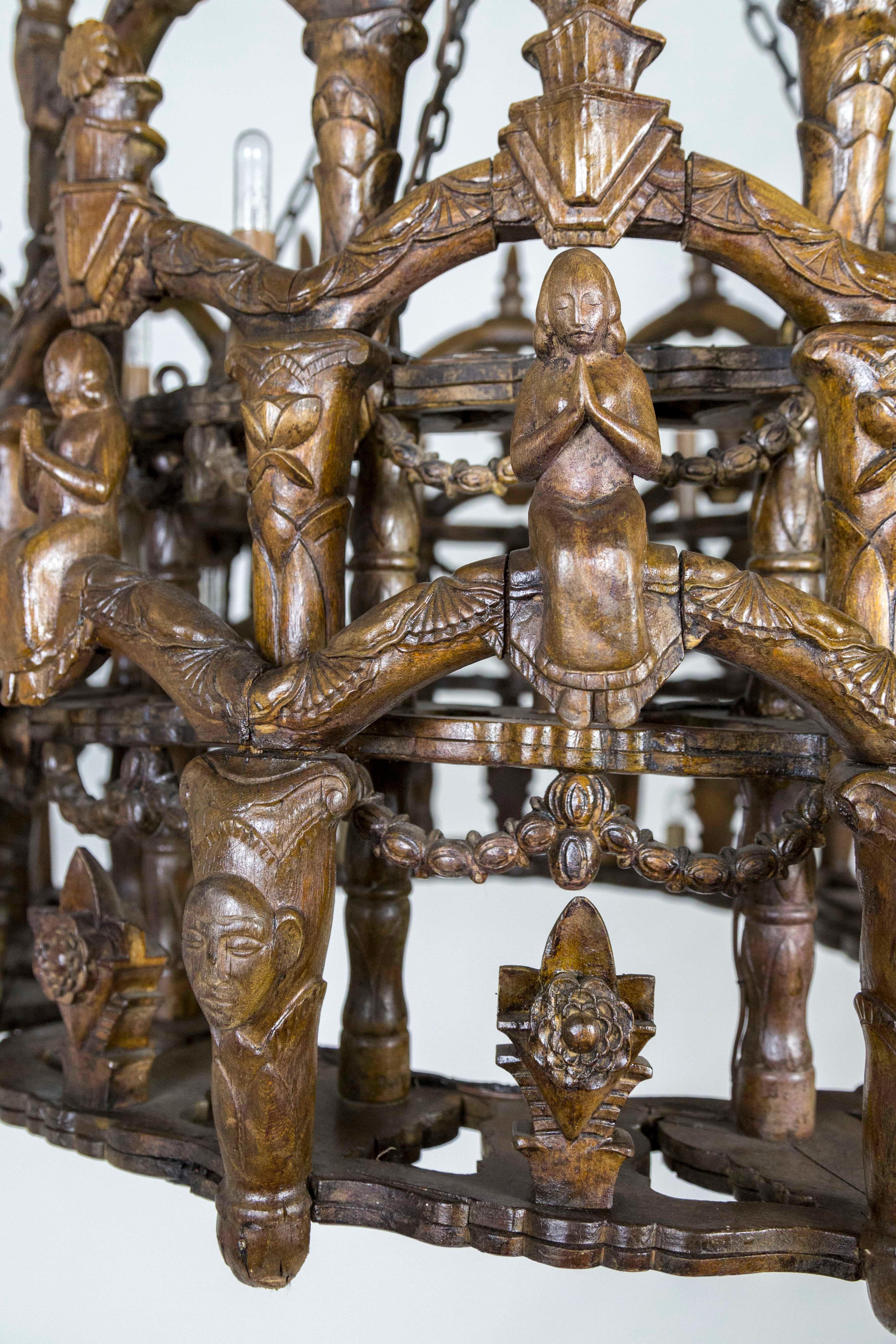 19th Century Carved Wooden S. American Folk Chandelier with Figures and Arches