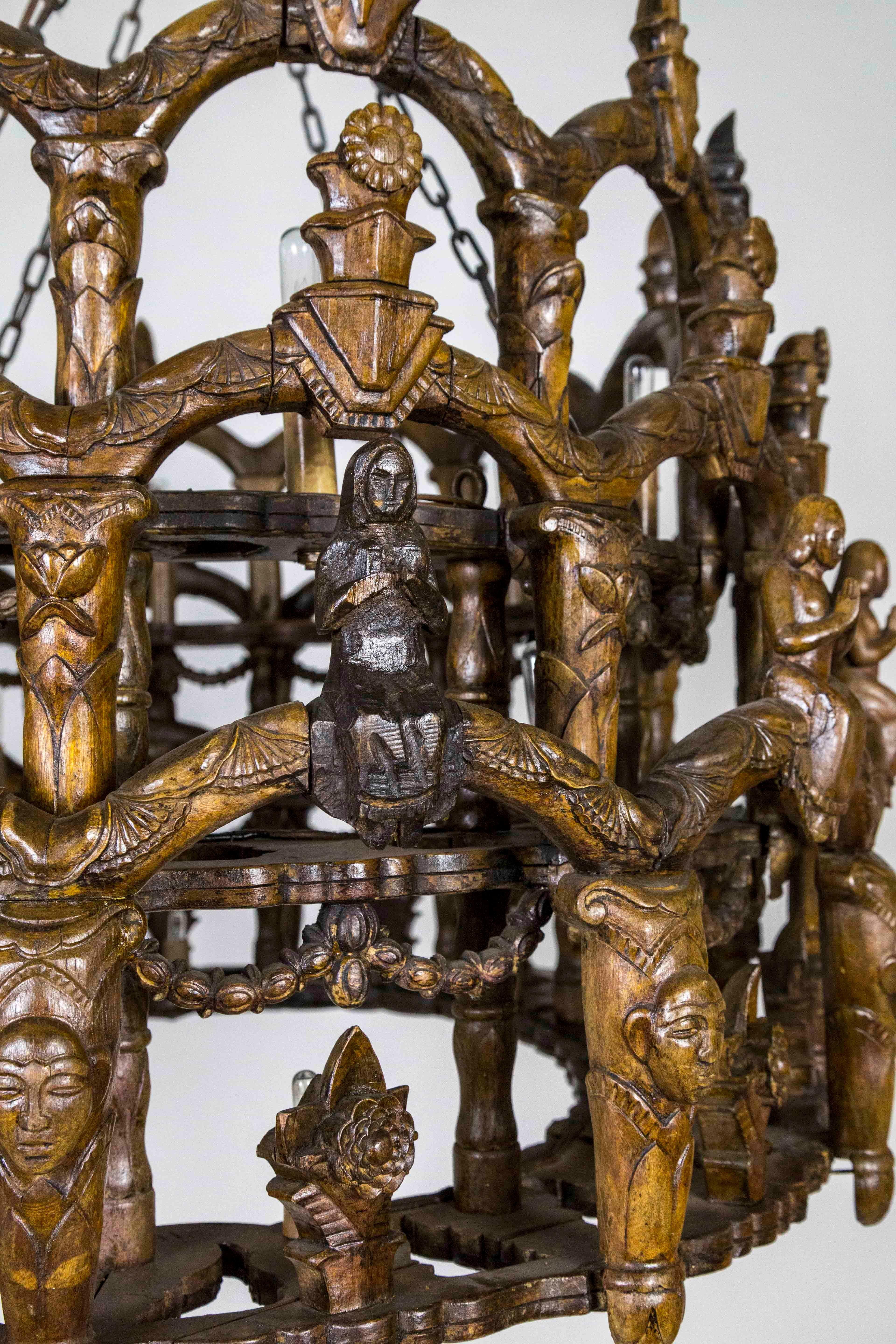 Carved Wooden S. American Folk Chandelier with Figures and Arches 1