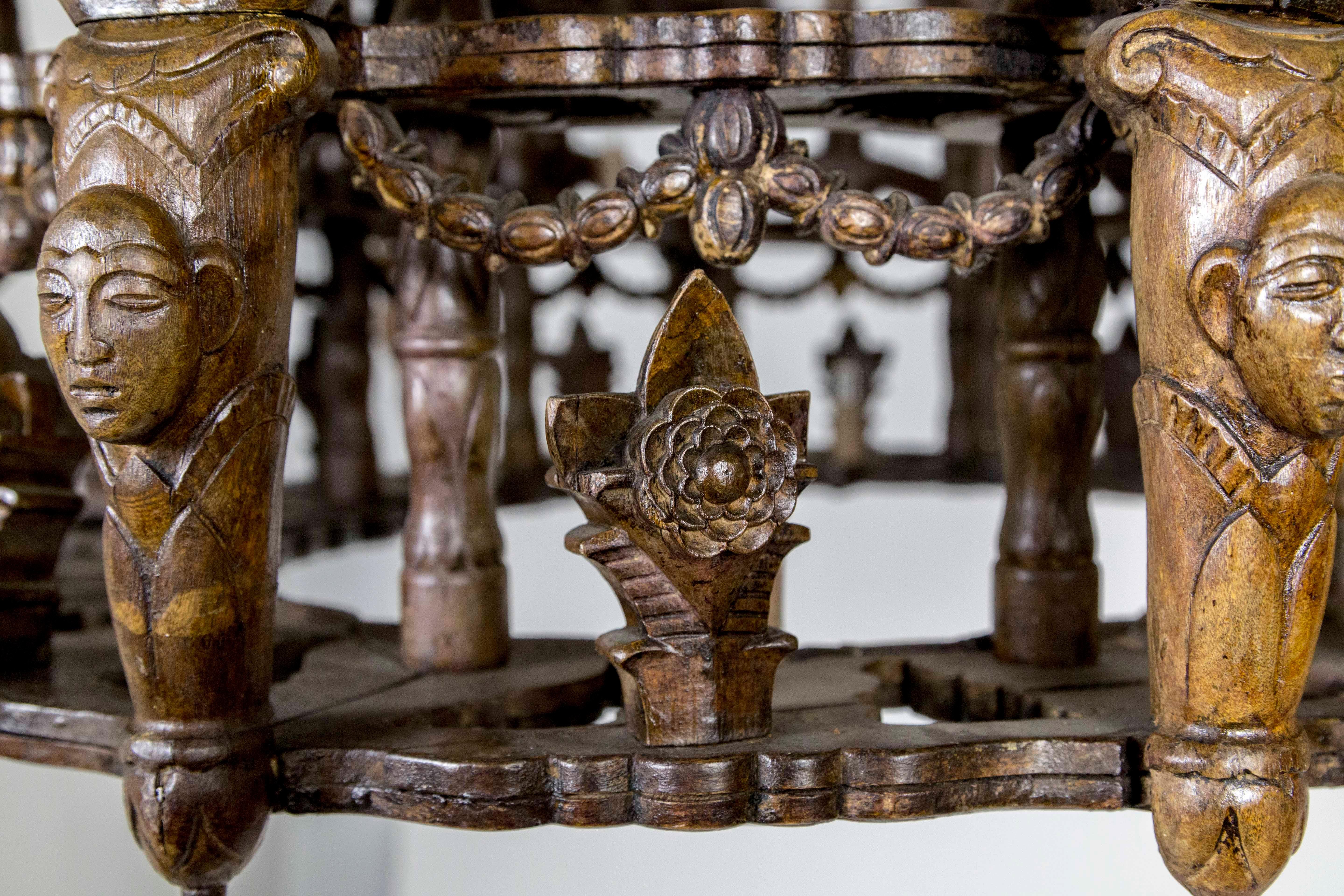 Carved Wooden S. American Folk Chandelier with Figures and Arches 2