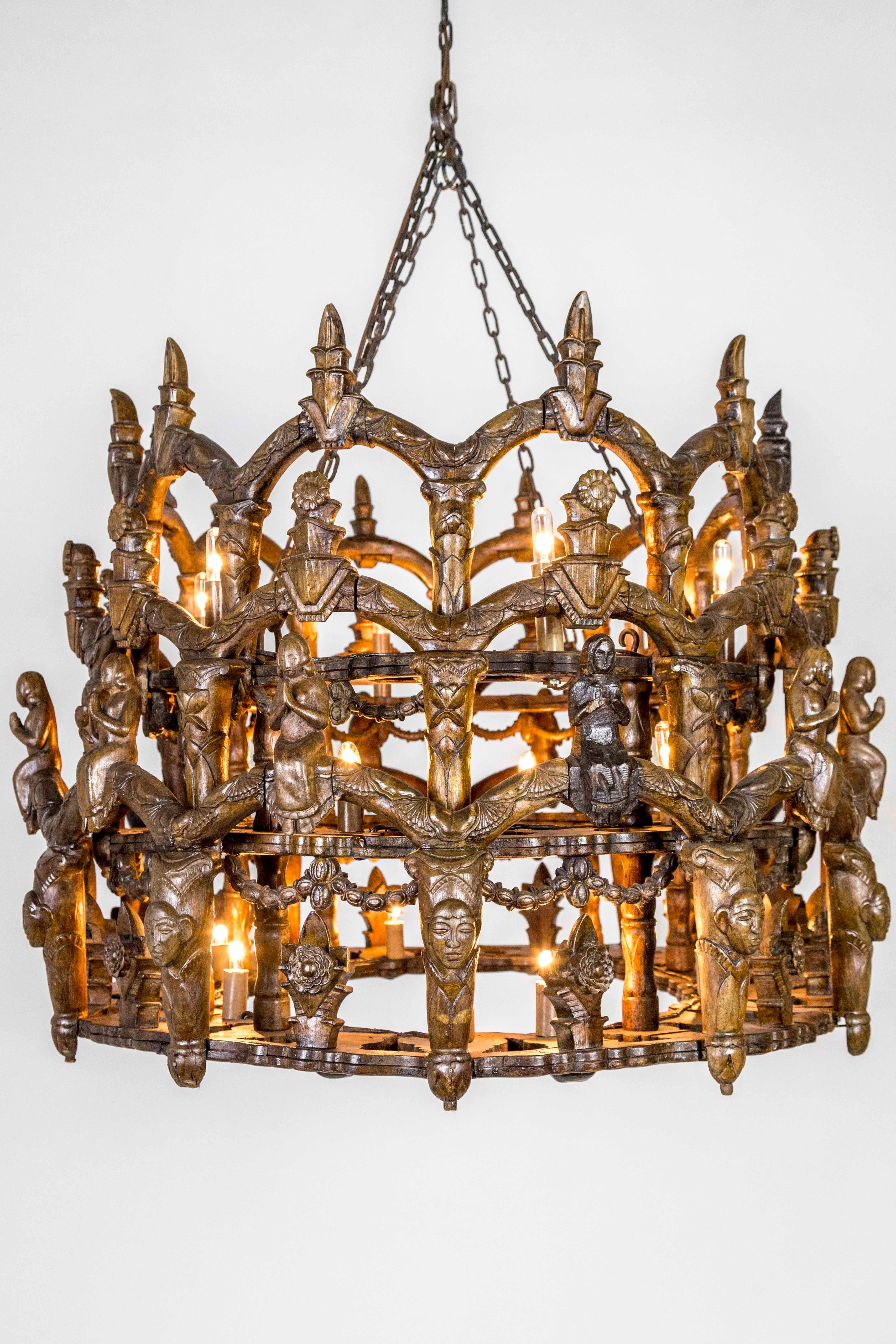 Carved Wooden S. American Folk Chandelier with Figures and Arches 3