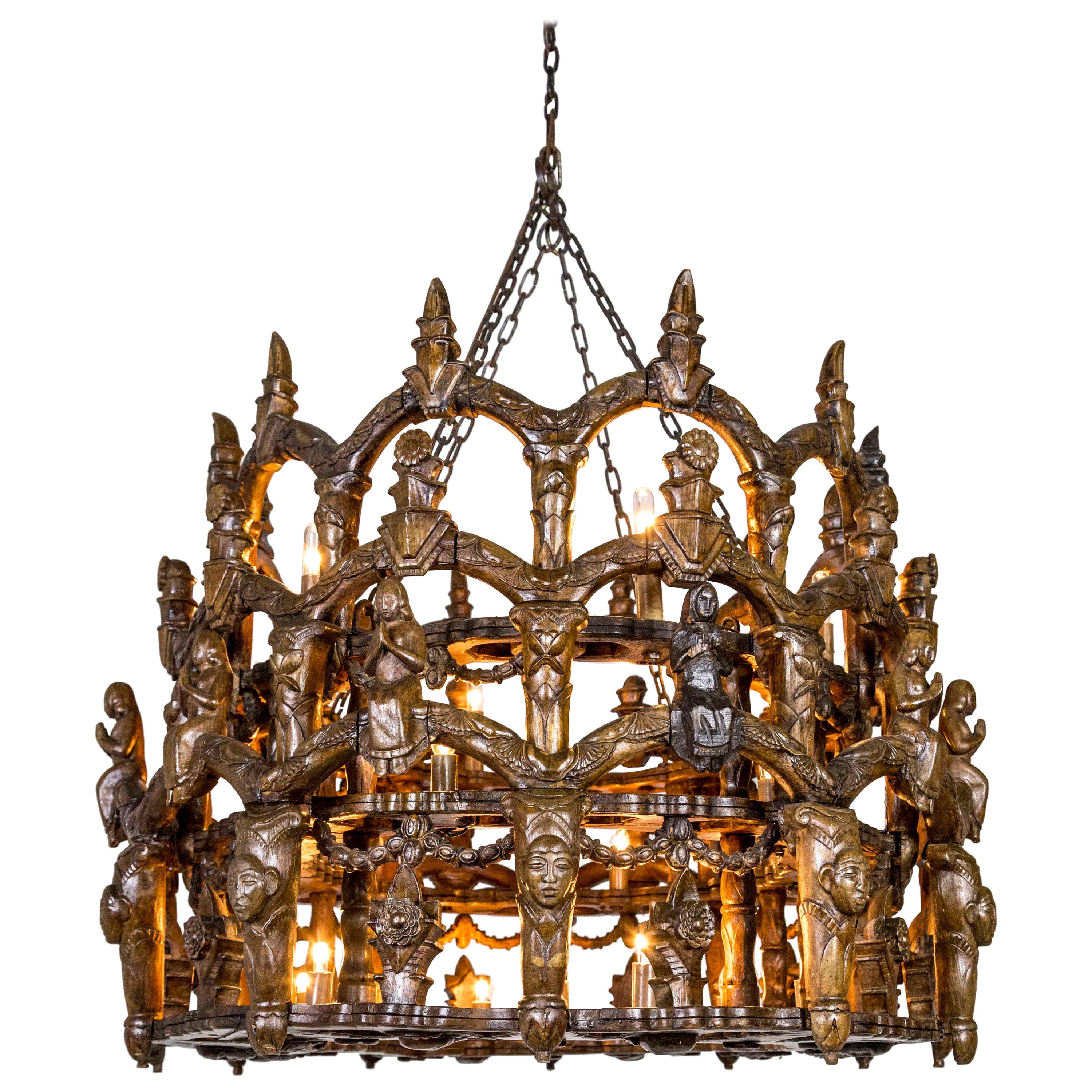 Carved Wooden S. American Folk Chandelier with Figures and Arches