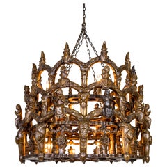 Carved Wooden S. American Folk Chandelier with Figures and Arches