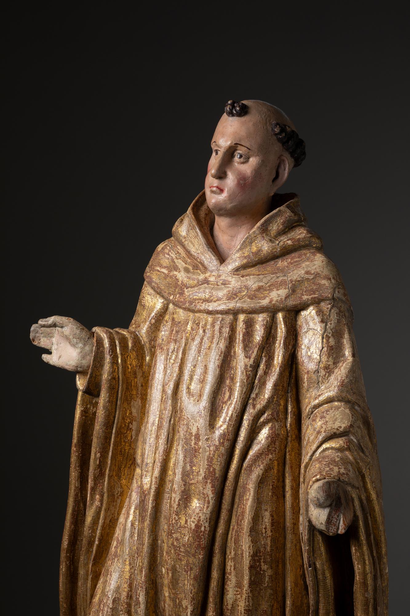 Portuguese Carved wooden saint figure, Probably Saint Bernard. Portugal, 17th century For Sale