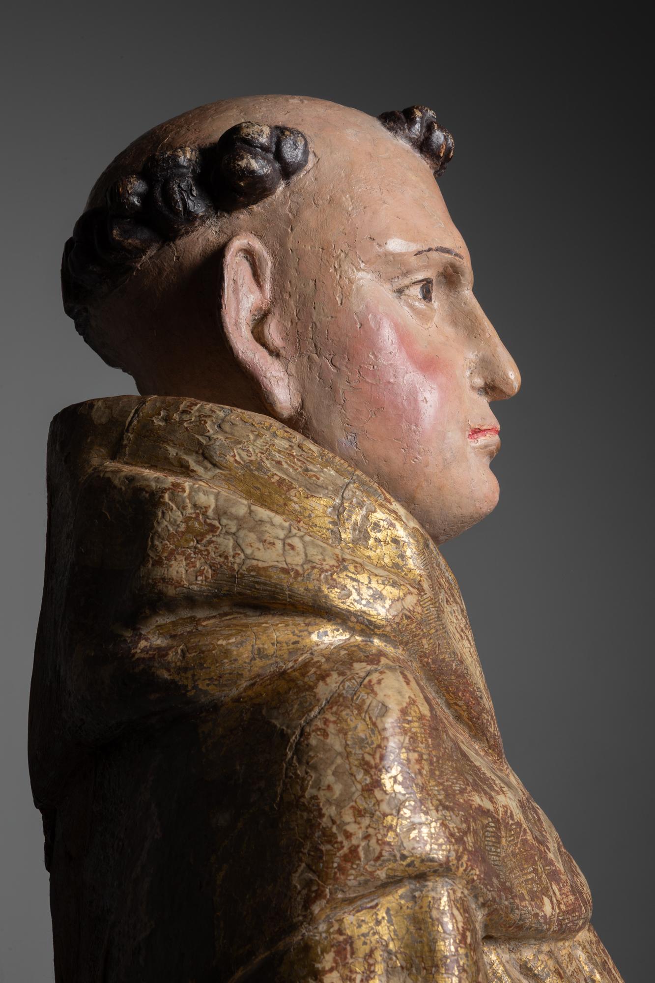 18th Century and Earlier Carved wooden saint figure, Probably Saint Bernard. Portugal, 17th century For Sale
