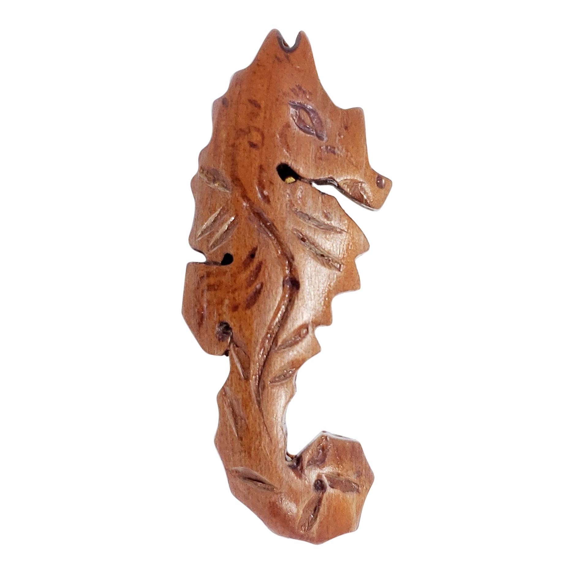 Carved Wooden Seahorse Nautical Pin Brooch, Vintage For Sale