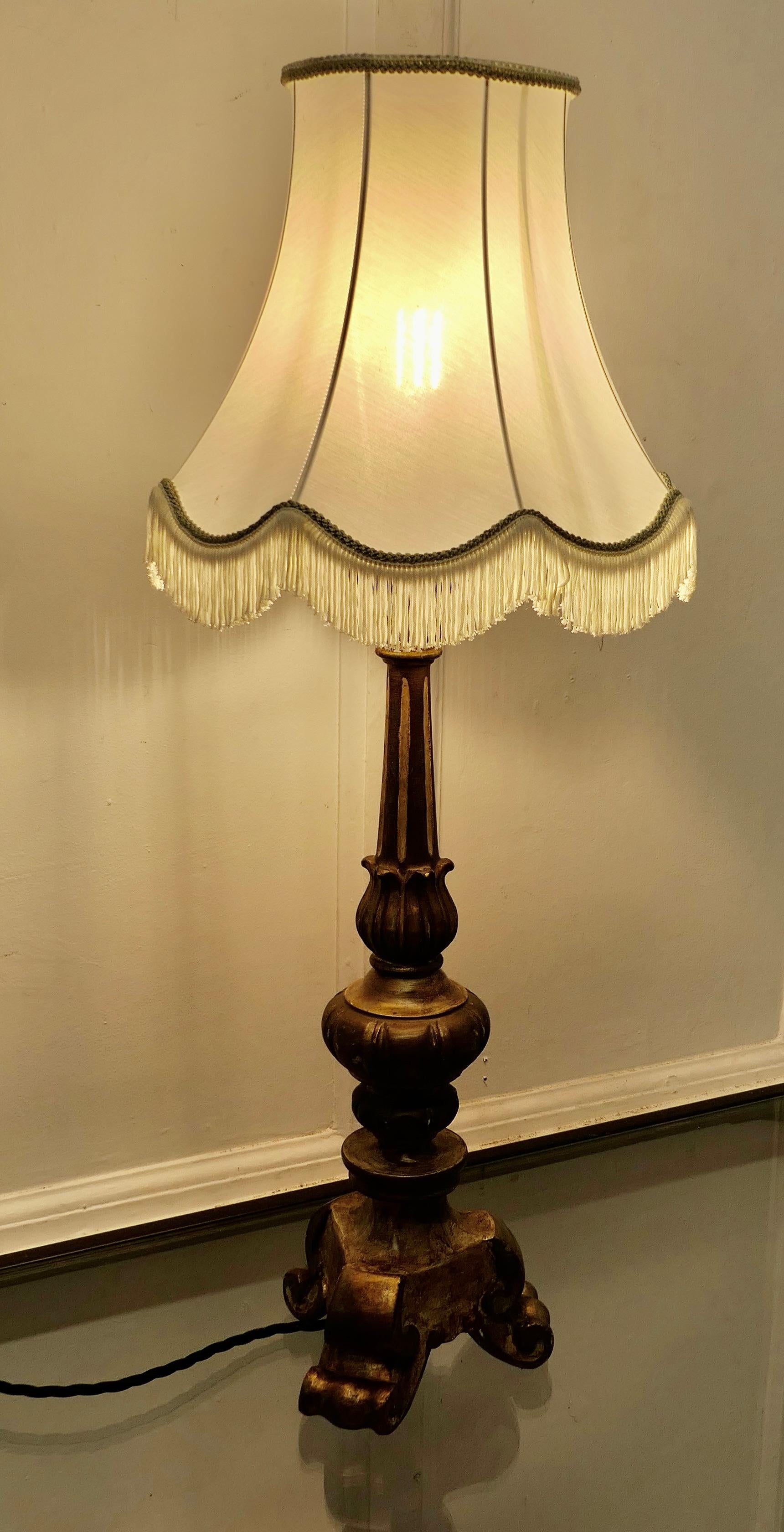 Folk Art Carved Wooden Shabby Gilt Table Lamp  This is a great statement piece  For Sale