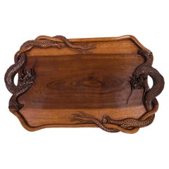 Carved Wooden Tray Decorated with Two Dragons