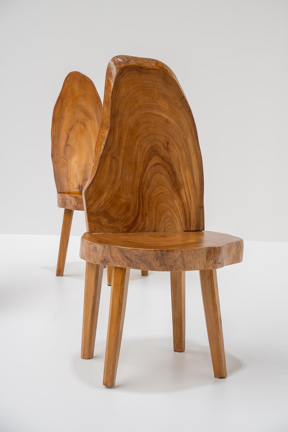 Mid-Century Modern Carved Wooden Tree Trunk Chairs, France, 1980s For Sale