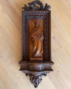 Carved Wooden Wall Console with Velvet-Backed Shrine and Figure of Saint Anthony