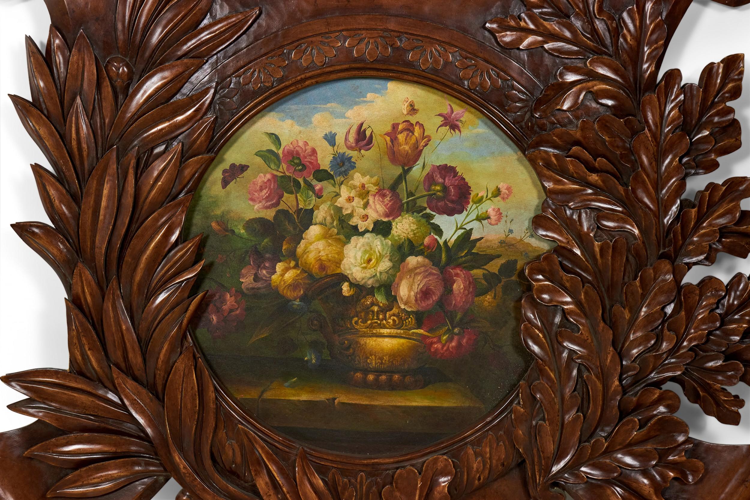 French Carved Wooden Wall Plaque with Painted Floral Still Life Center For Sale