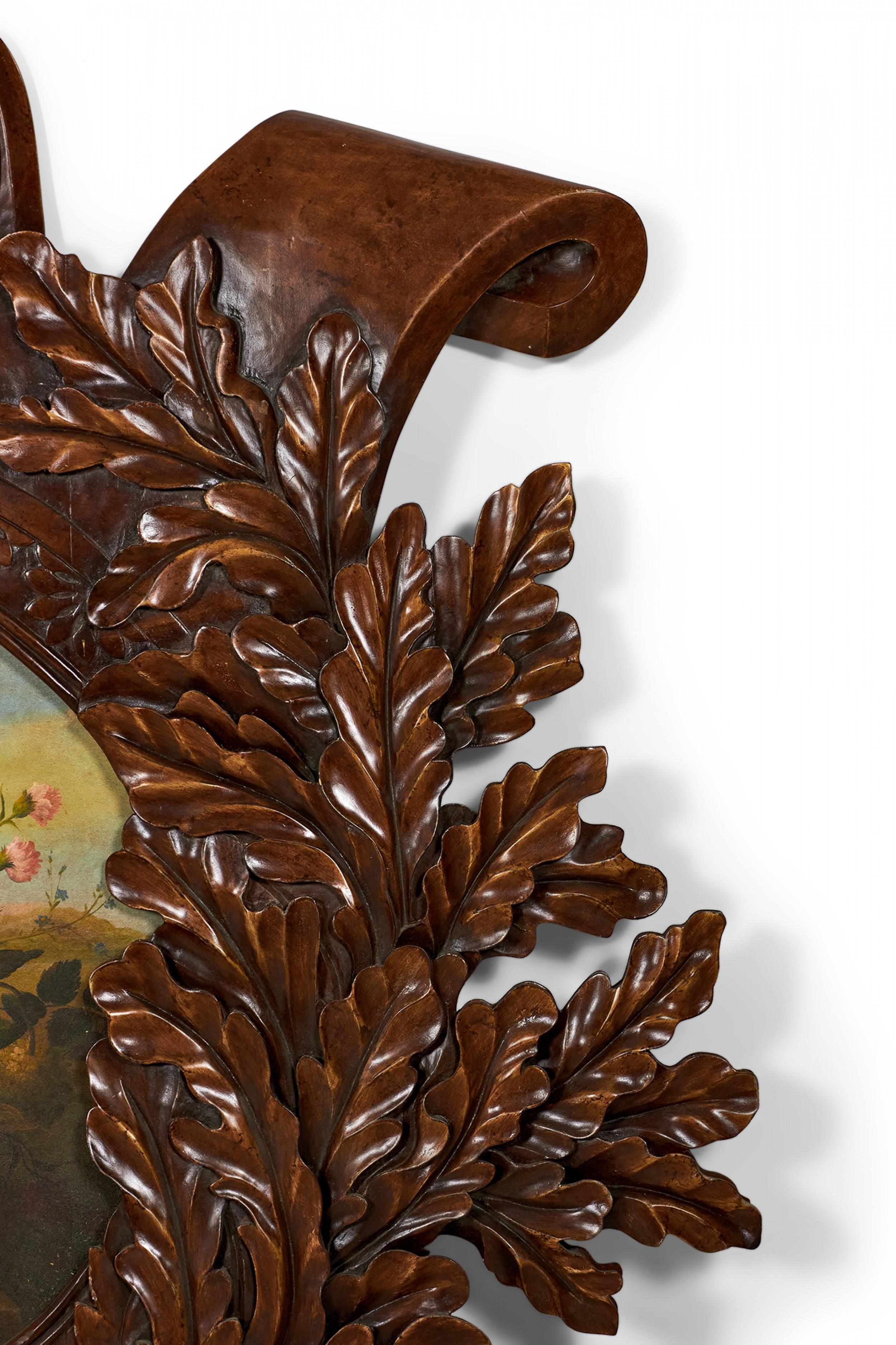 Carved Wooden Wall Plaque with Painted Floral Still Life Center In Good Condition For Sale In Queens, NY