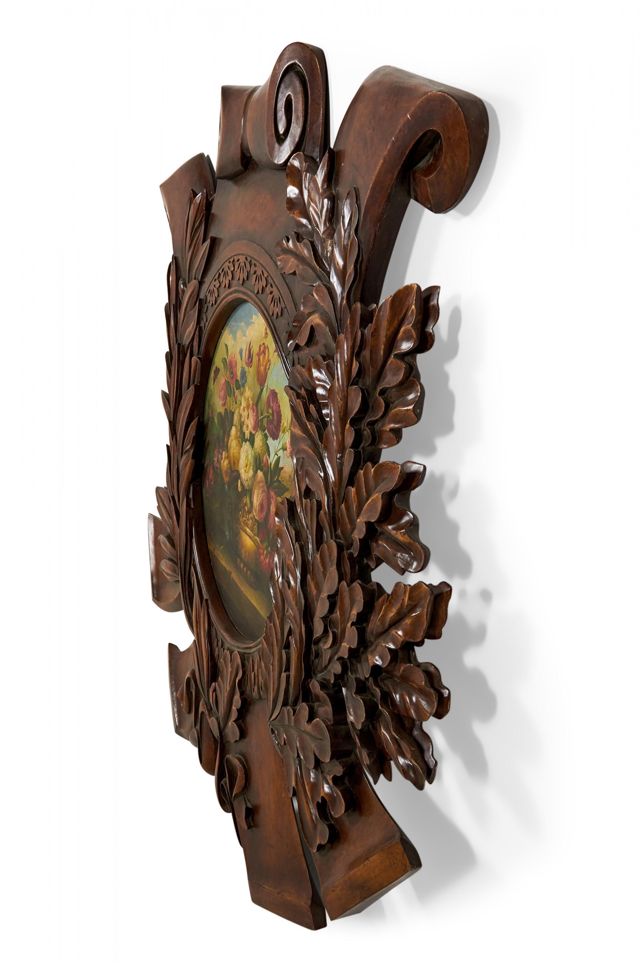 20th Century Carved Wooden Wall Plaque with Painted Floral Still Life Center For Sale