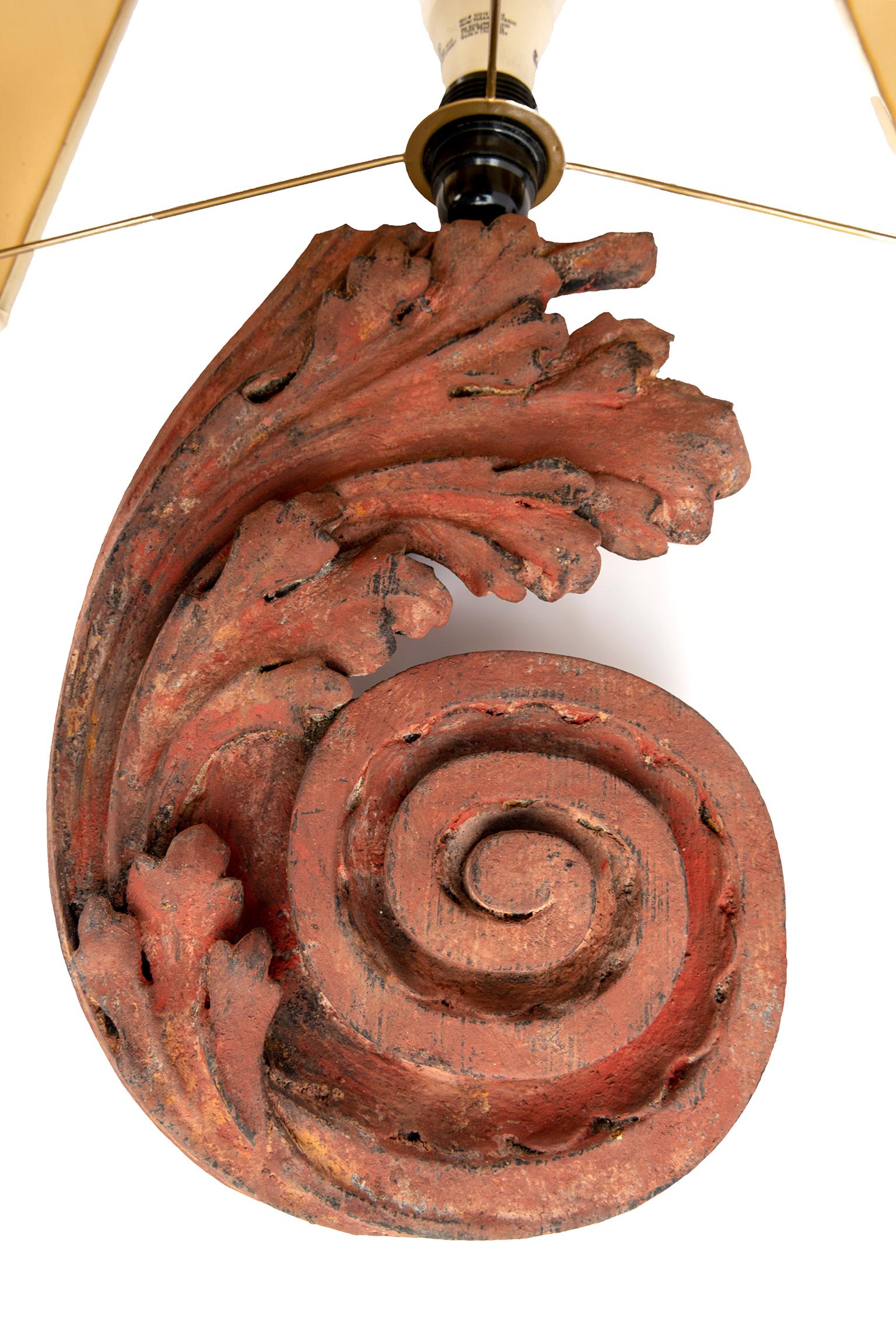 Hand-Carved Pair of Carved Wooden Wall Sconce in the Form of an Acanthus Leaf with Shades