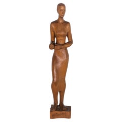 Carved Wooden Woman Figure with Base