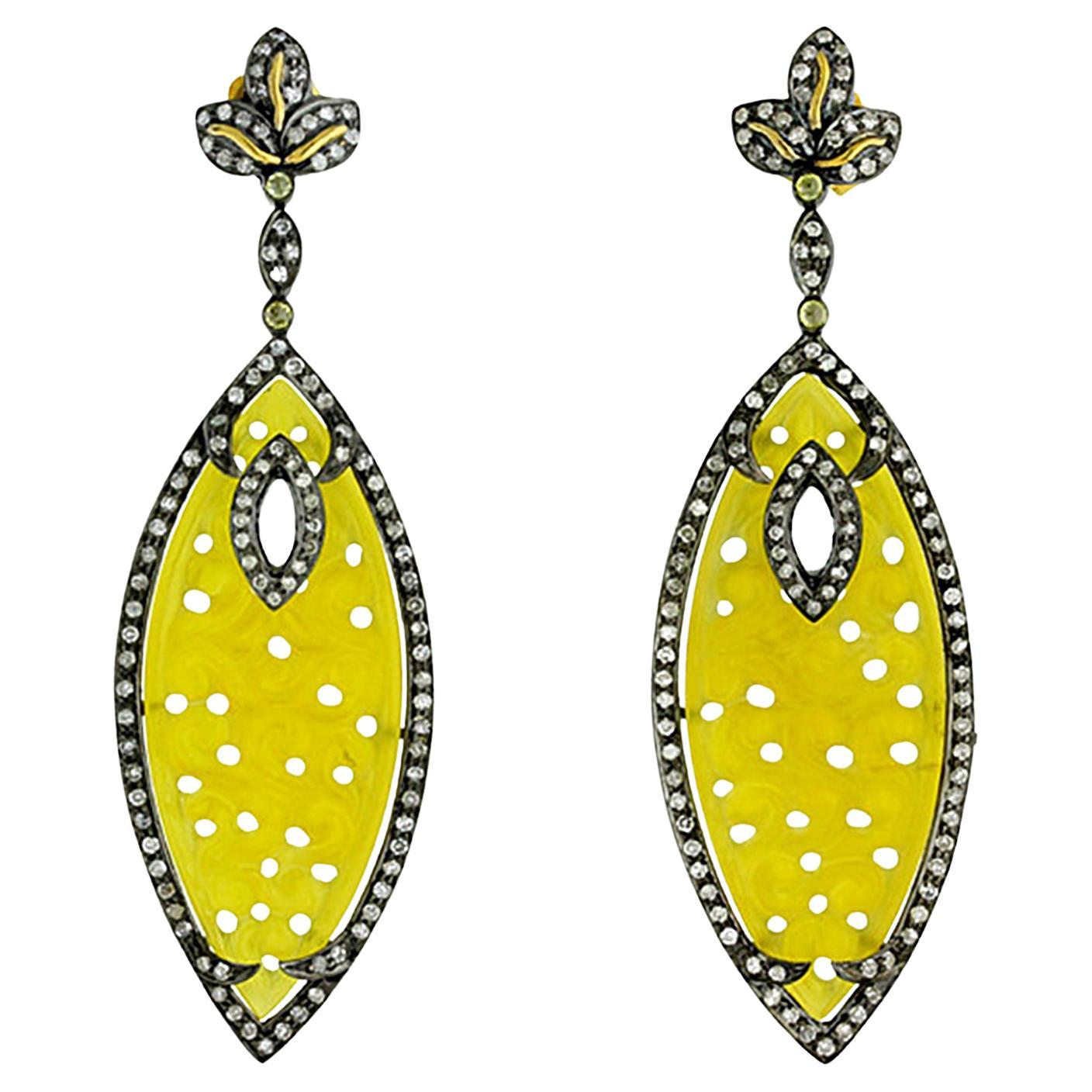 Carved Yellow Agate and Diamond Vintage Style Drop Earrings 18k Gold and Silver For Sale