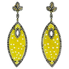 Carved Yellow Agate and Diamond Vintage Style Drop Earrings 18k Gold and Silver