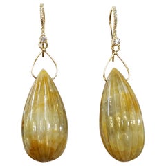 Carved Yellow Sapphire Pears and White Diamond Dangle Earrings in 18 Karat Gold