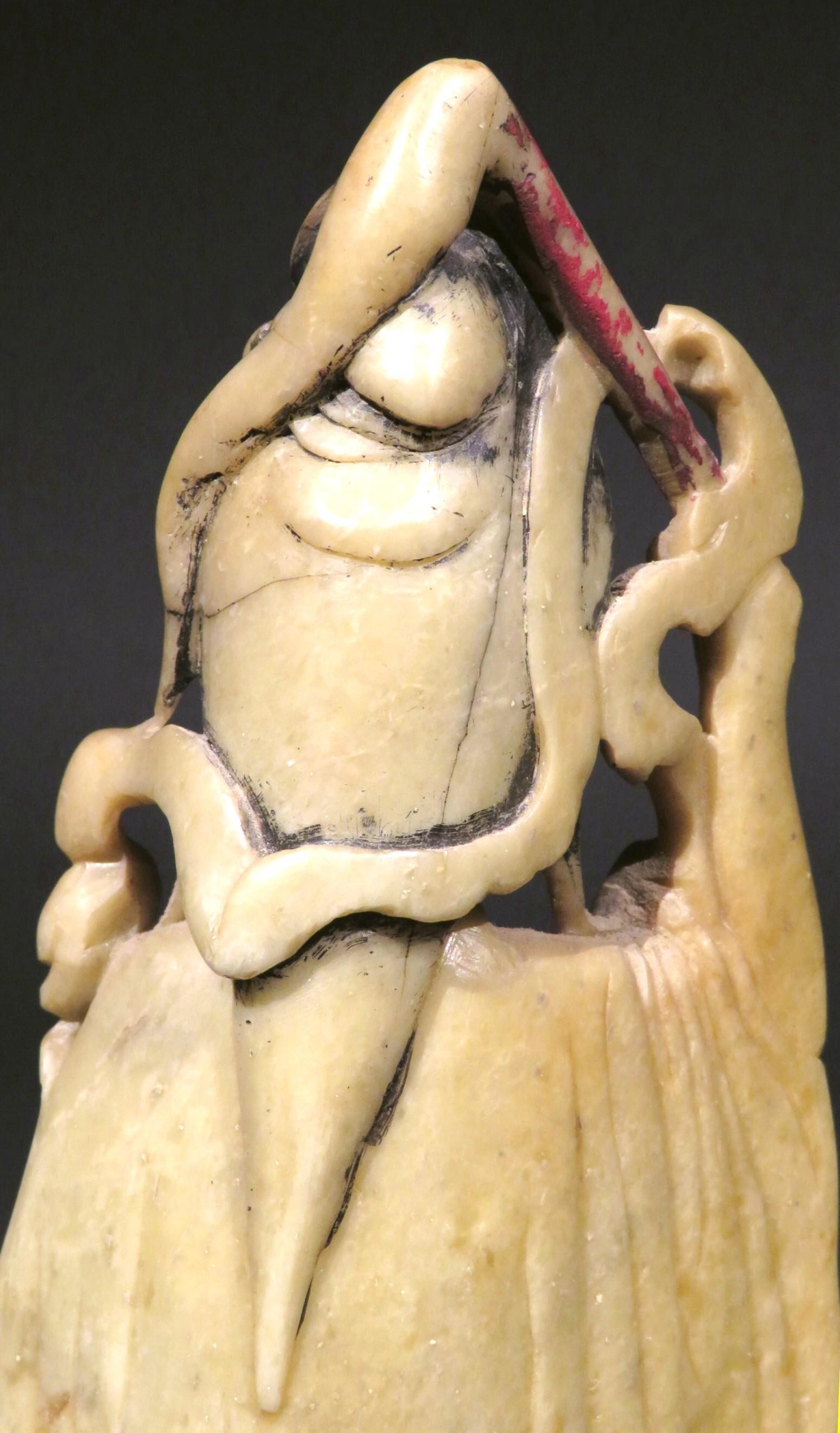 Hand-Carved Carved Yellow Soapstone Figure of Guanyin, Chinese circa 1900 For Sale