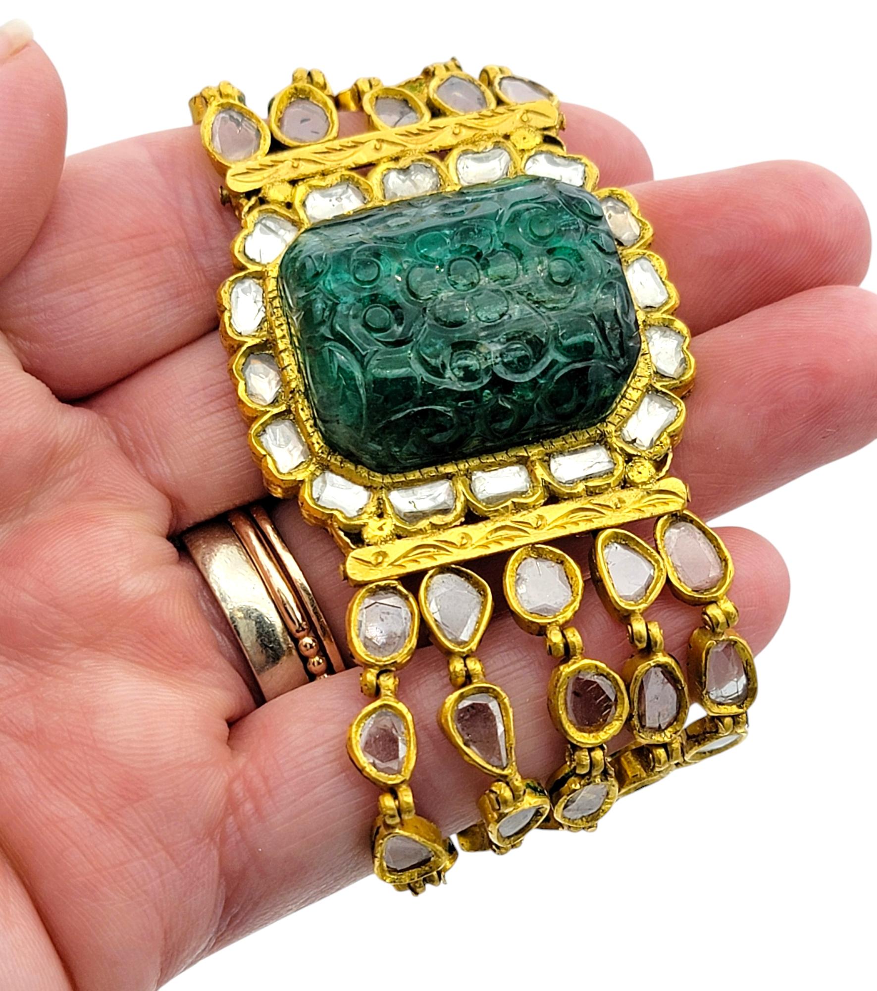 Bracciale a più fili con smeraldo dello Zambia intagliato e diamanti taglio rosa in oro 22 carati in vendita 8