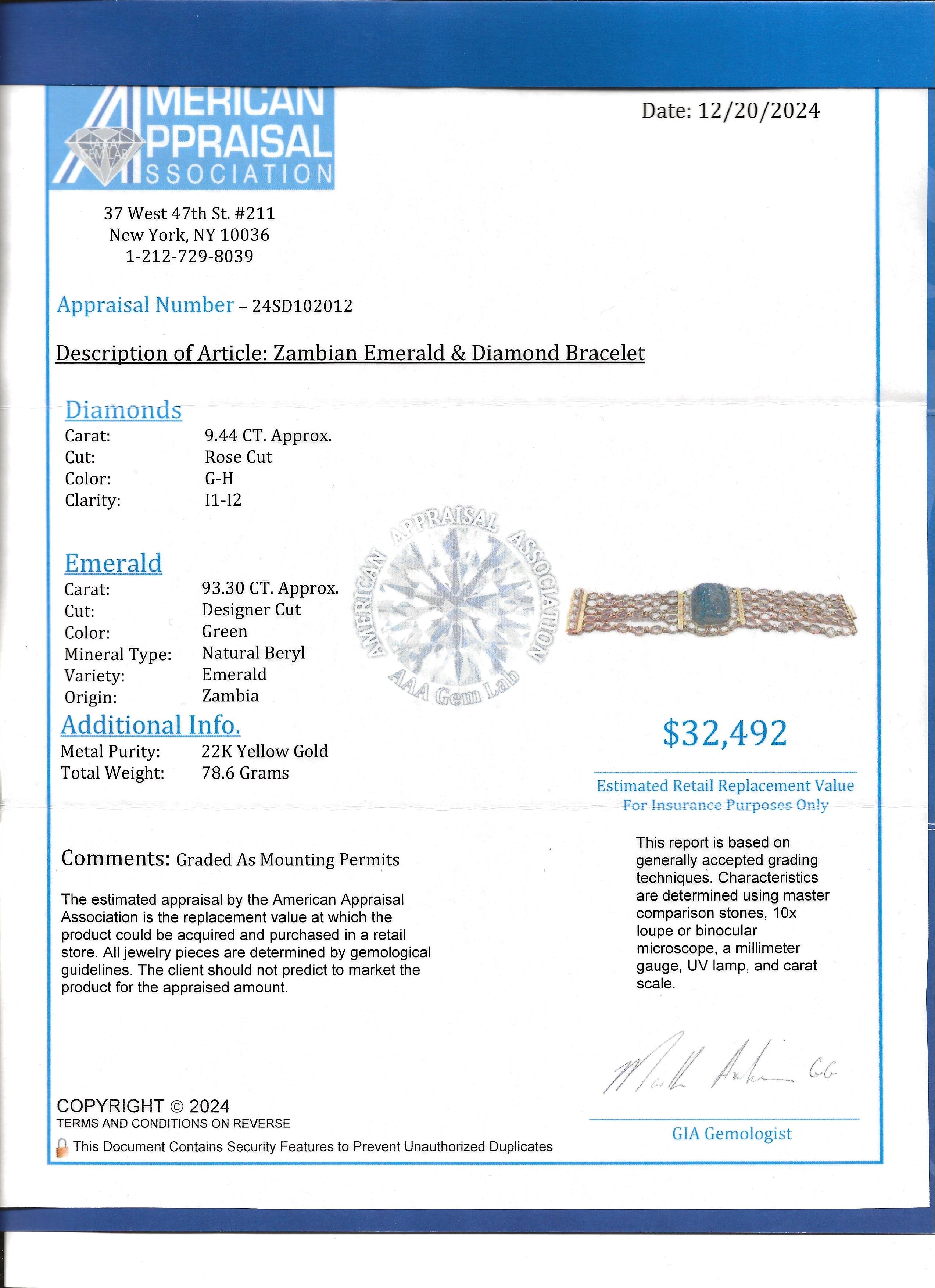 Bracciale a più fili con smeraldo dello Zambia intagliato e diamanti taglio rosa in oro 22 carati in vendita 11