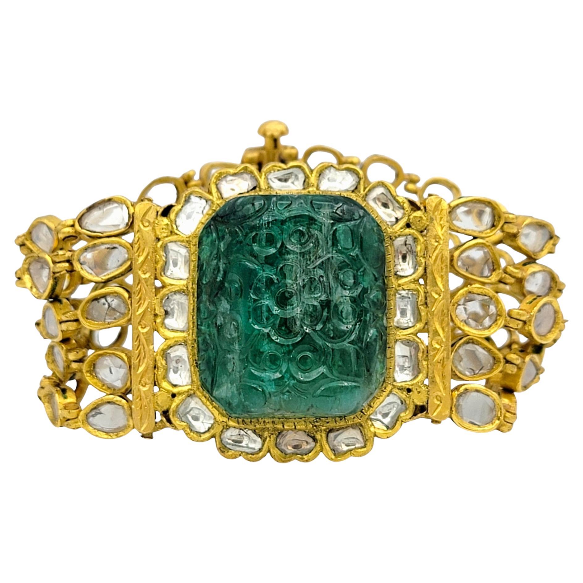 Carved Zambian Emerald and Rose Cut Diamond Multi-Strand Bracelet in 22K Gold