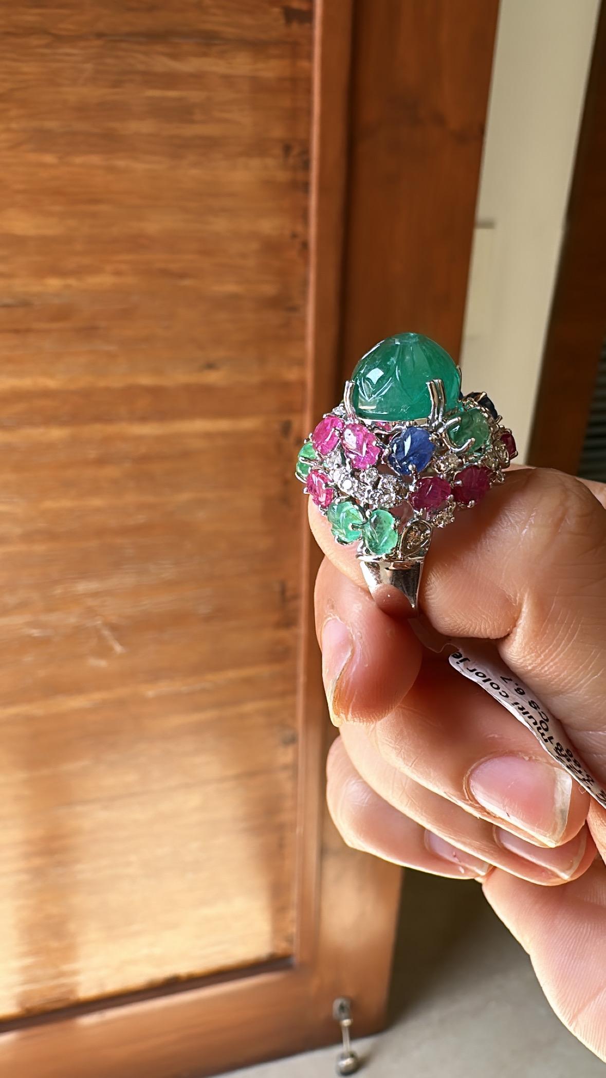 carved Zambian Emerald, Blue Sapphire, Ruby & Diamond Tutti Frutti Cocktail Ring For Sale 4