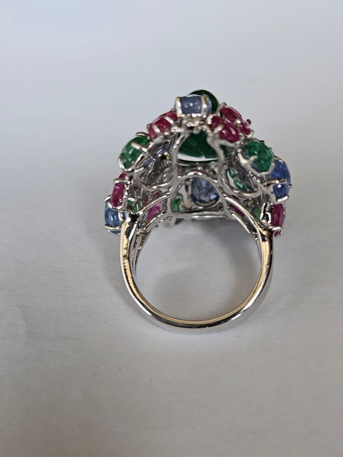 Art Deco Carved Zambian Emerald, Blue Sapphire, Ruby & Diamond Tutti Frutti Cocktail Ring For Sale