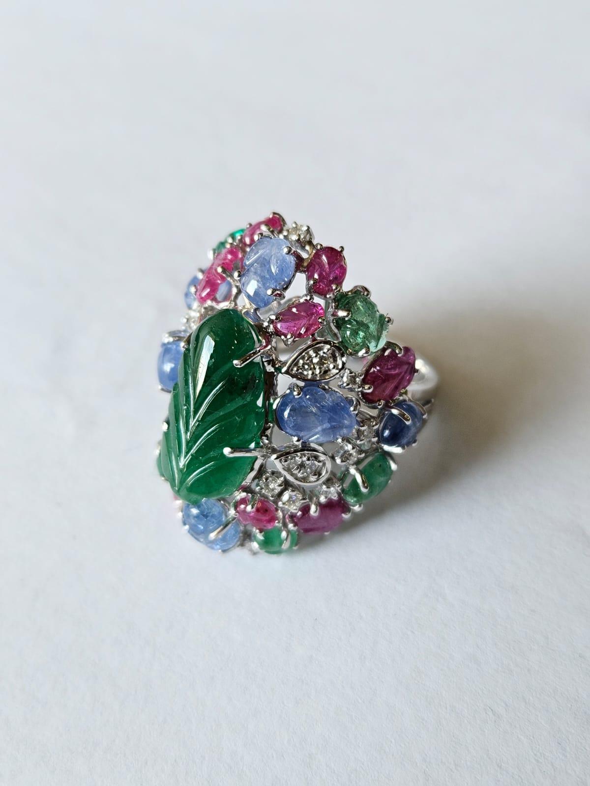 Round Cut Carved Zambian Emerald, Blue Sapphire, Ruby & Diamond Tutti Frutti Cocktail Ring For Sale
