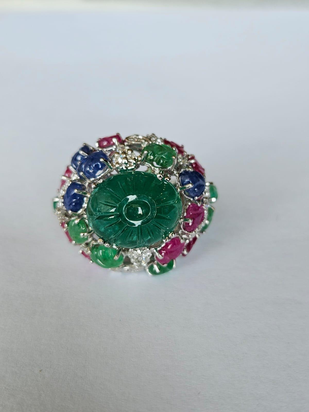 carved Zambian Emerald, Blue Sapphire, Ruby & Diamond Tutti Frutti Cocktail Ring In New Condition In Hong Kong, HK