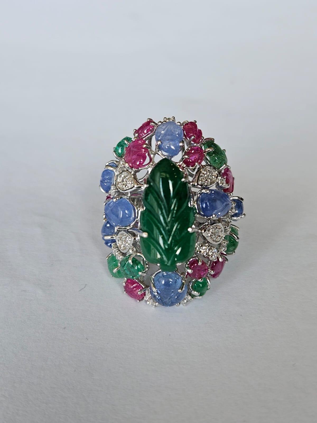 Carved Zambian Emerald, Blue Sapphire, Ruby & Diamond Tutti Frutti Cocktail Ring In New Condition For Sale In Hong Kong, HK