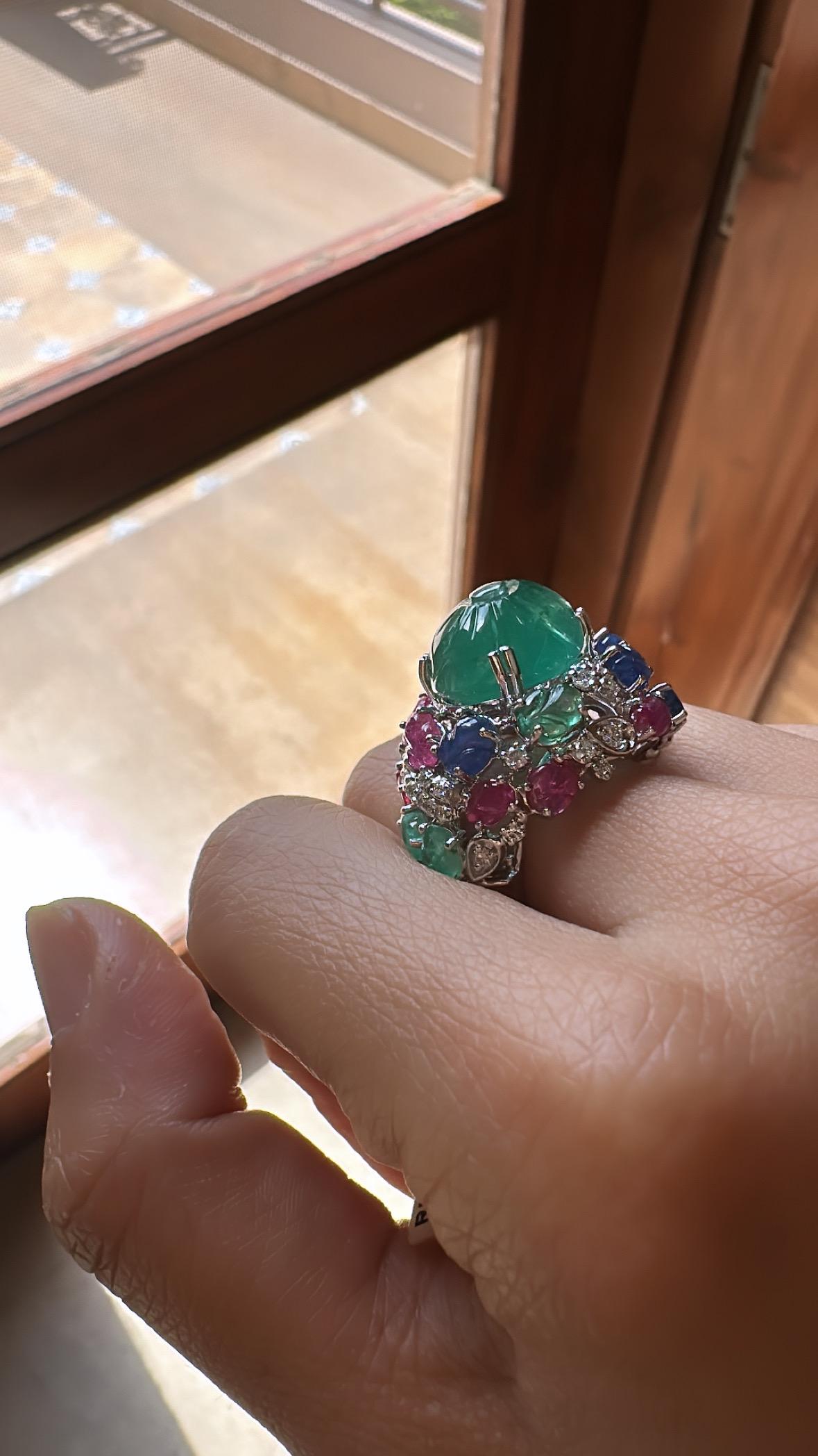 carved Zambian Emerald, Blue Sapphire, Ruby & Diamond Tutti Frutti Cocktail Ring For Sale 1