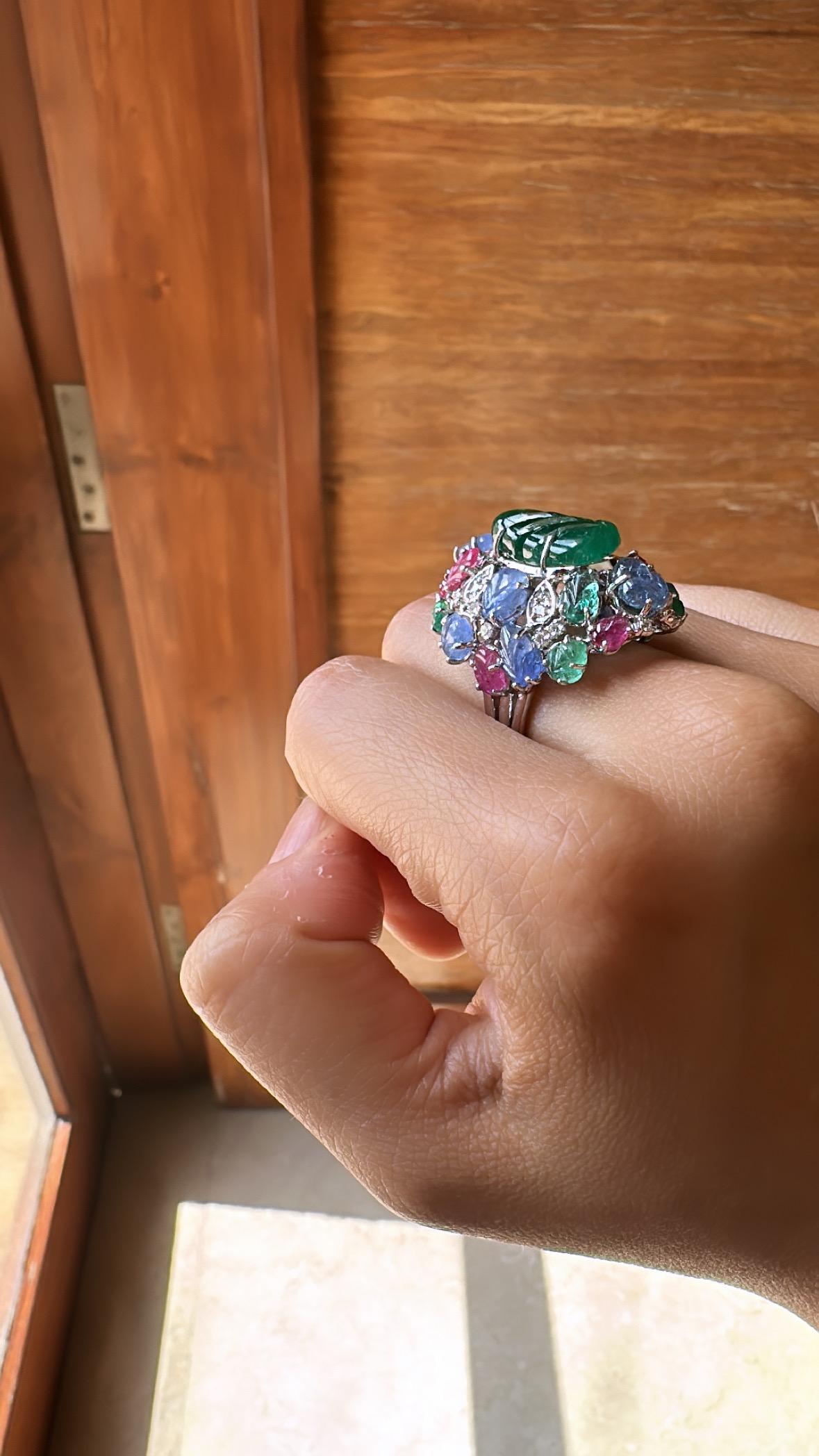 Carved Zambian Emerald, Blue Sapphire, Ruby & Diamond Tutti Frutti Cocktail Ring For Sale 1